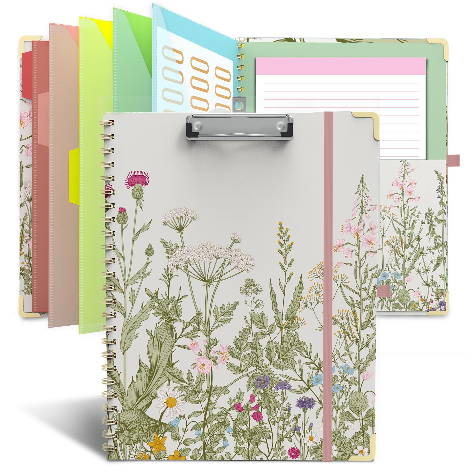 Clipboard Folder With Notepad Refillable Lined For Letter Size (11' X 8.5'), 5 Dividers With Storage 10 Pockets, Cute Spiral F