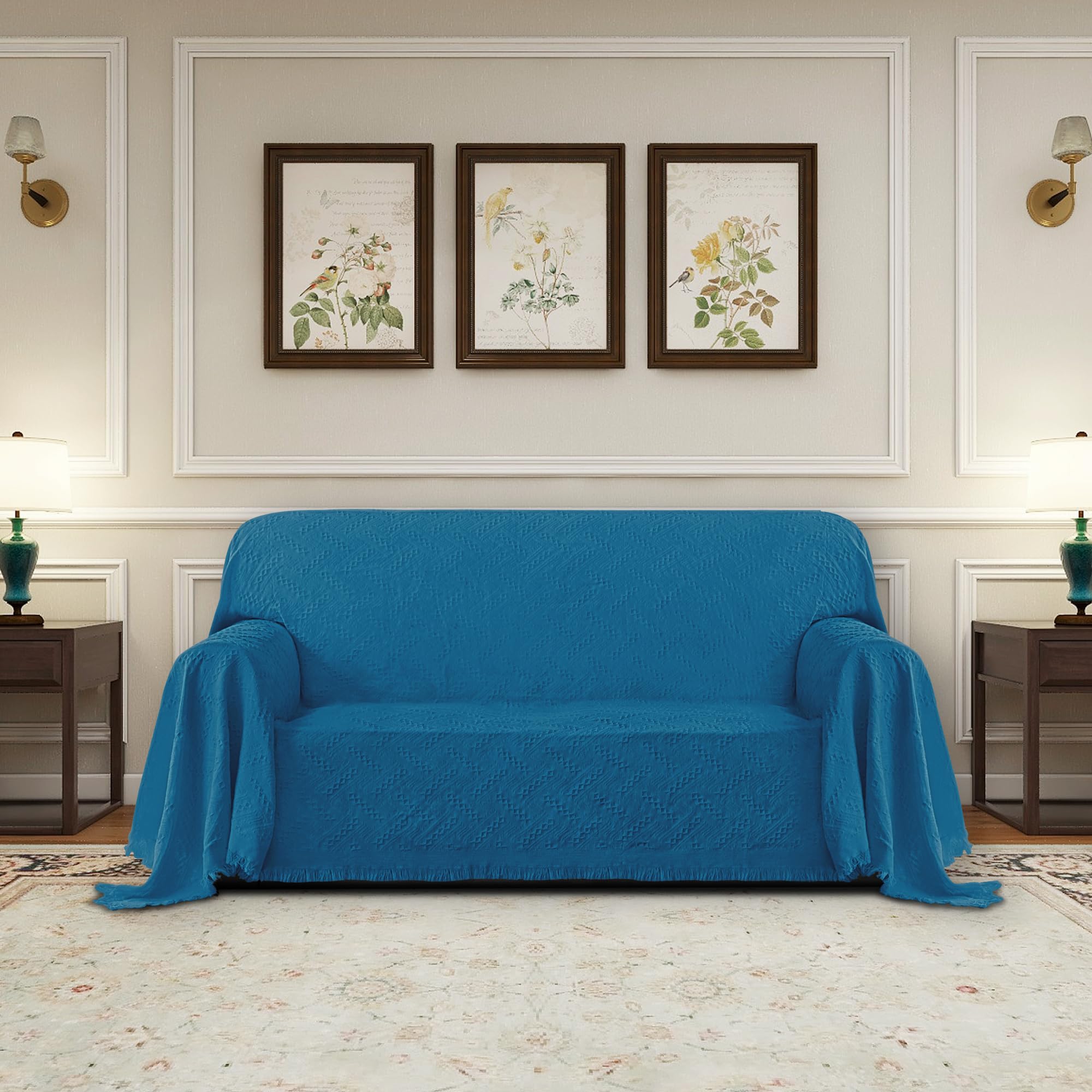 Purefit Geometric Jacquard Throw Sofa Cover - Textured Soft Washable Decorative Couch Covers For 3 Cushion Couch, Throw Cover With Tassels Furniture Protector For Pets, Kids (Medium, Peacock Blue)