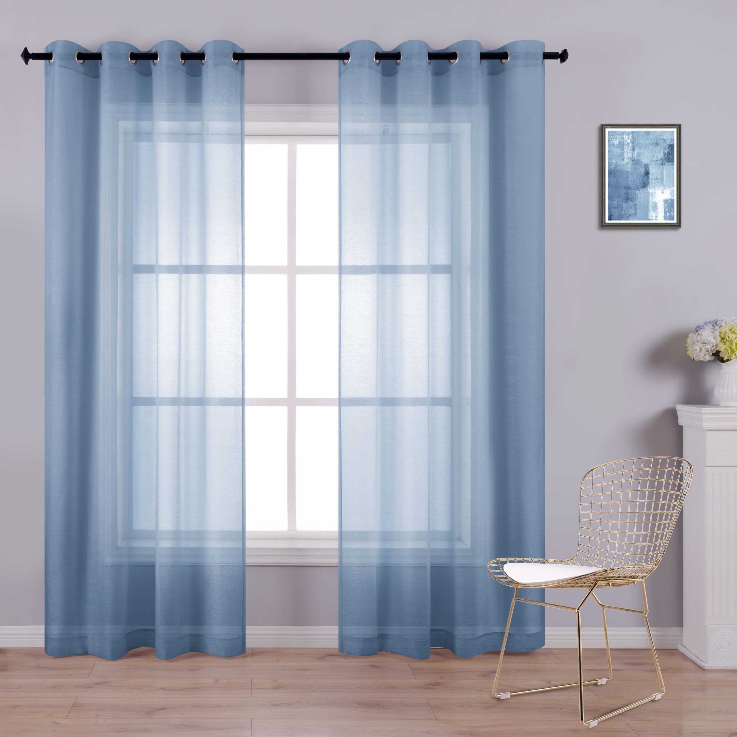 Koufall Dusty Blue Grommet Faux Linen Sheer Curtains 52X90 Inch Length