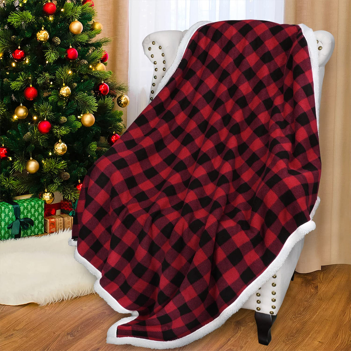 Catalonia Classic Red Black Checkered Holiday Blanket, Buffalo Plaid Sherpa Throw For Couch Sofa Cabin Decor  Soft, Warm, Comfy,