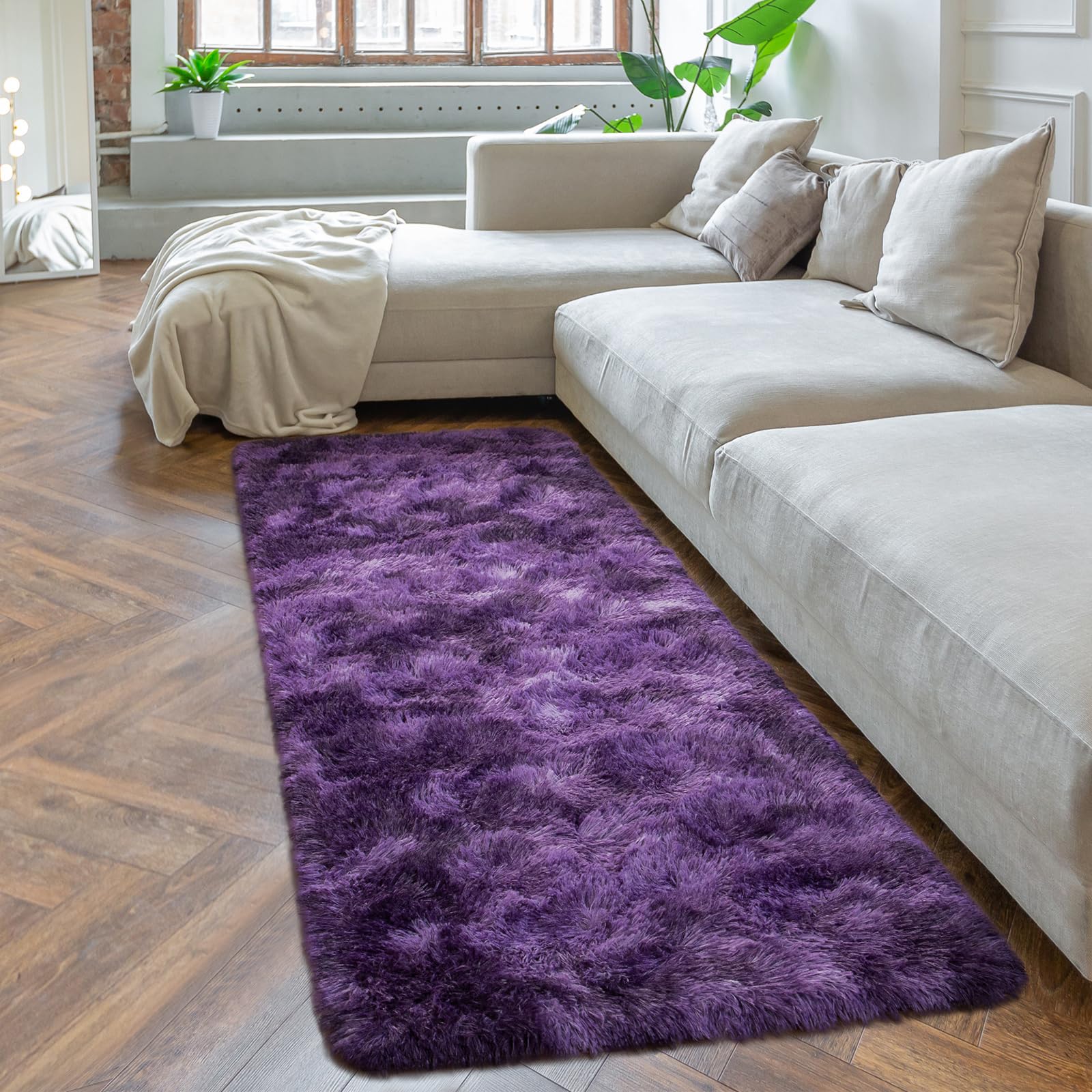 Softlife Area Rug For Bedroom, 2X6 Feet Runner Rug Plush Fluffy Rug For Living Room, Tie-Dyed Purple Shag Rug For Aesthetic Room