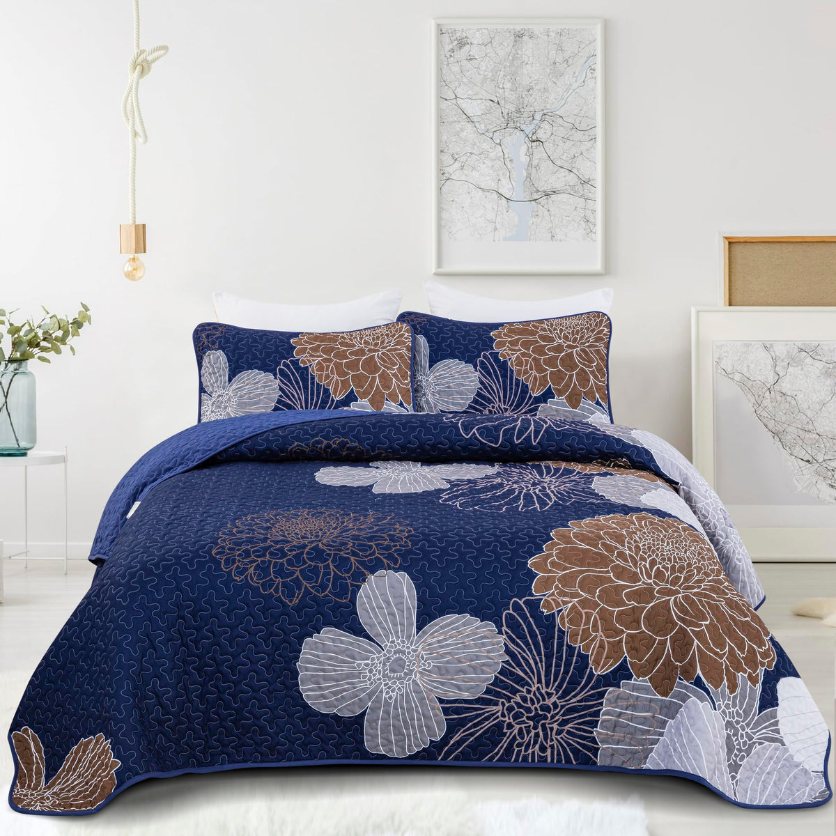 Anibedding Floral Bedspread Quilt Set King 3 Pieces-Navy Blue Bohemian Floral Quilt Coverlet Set Soft Microfiber Lightweight Qui