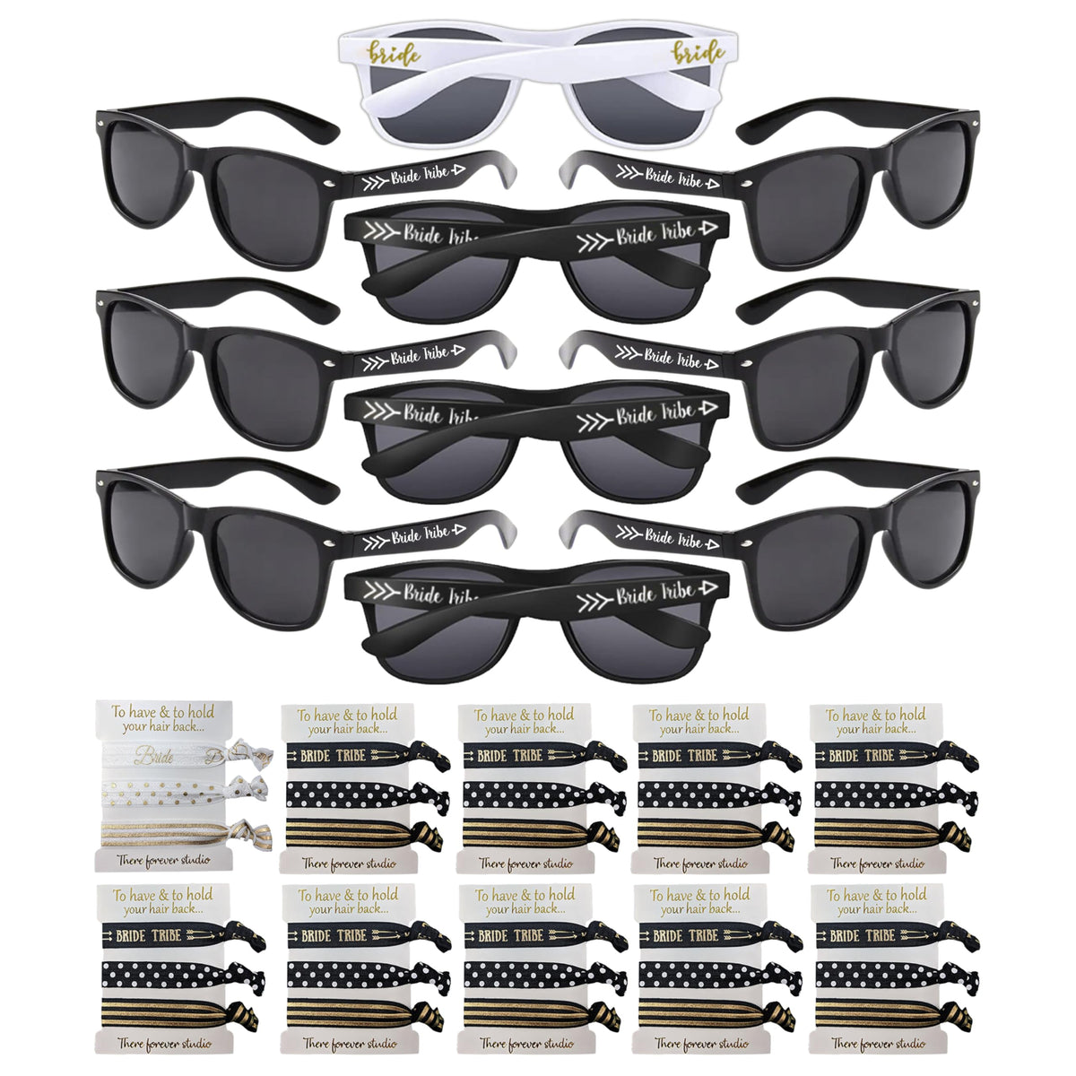 Bachelorette Party Sunglasses and Hair Tie Set of 10 - Bride & Bride Tribe, Bridesmaid Proposal Gift. Bridal Party Favors Bulk