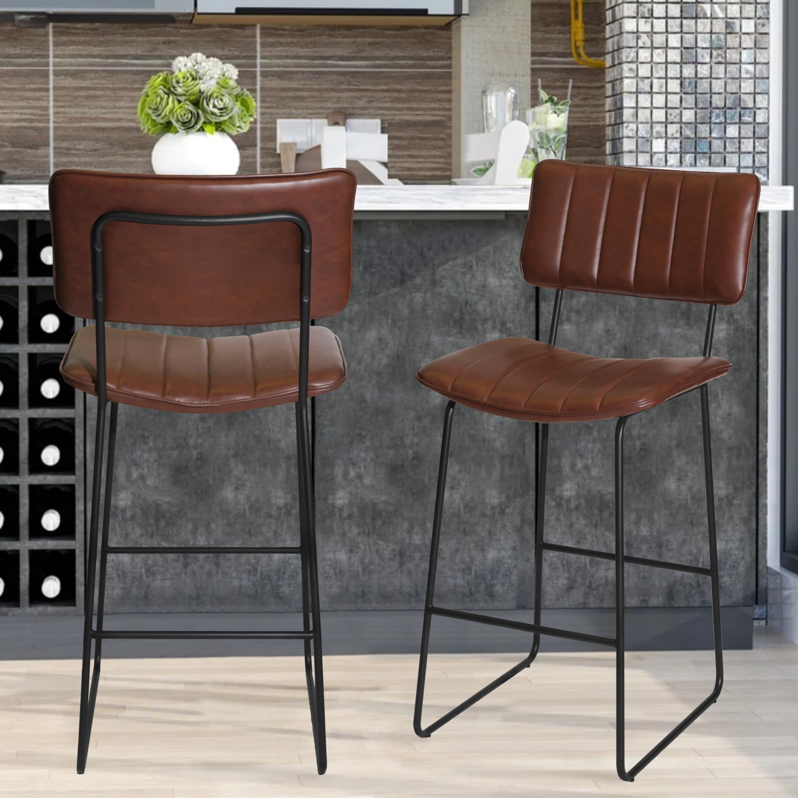 Steve Silver Furniture Tribeca Bar Stool, 30-Inch Seat Height, Mid-Century Modern Style, Channel Back Seat, Cordovan Leatherette, Barstool, Kitchen Counter Chair, 22&quot; D x 21&quot; W x 44&quot; H, Ebony, Brown