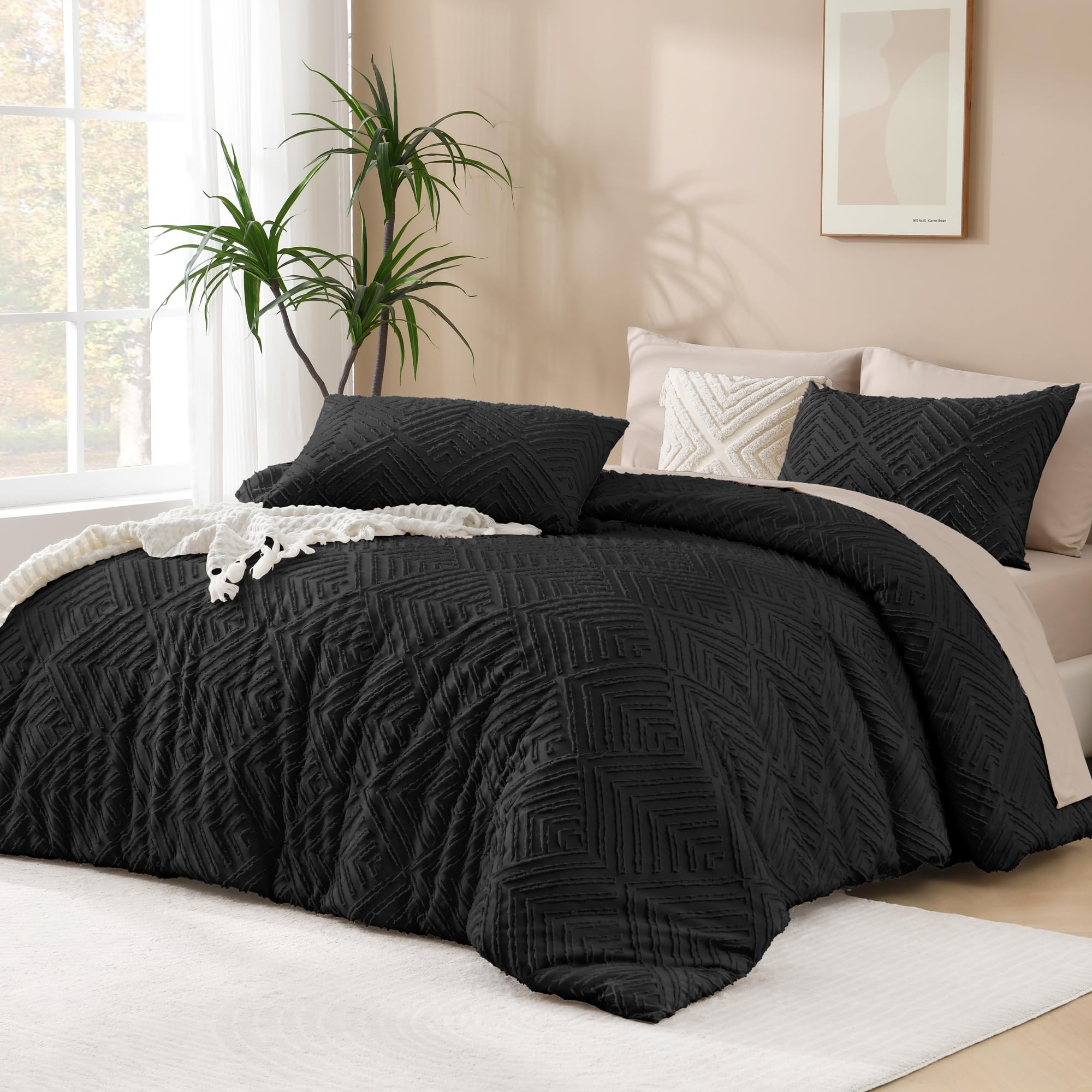 Andency Black California King Comforter Set, 3 Pieces Black Boho Bedding Set & Collections, Farmhouse Tufted Fluffy Bed Set For