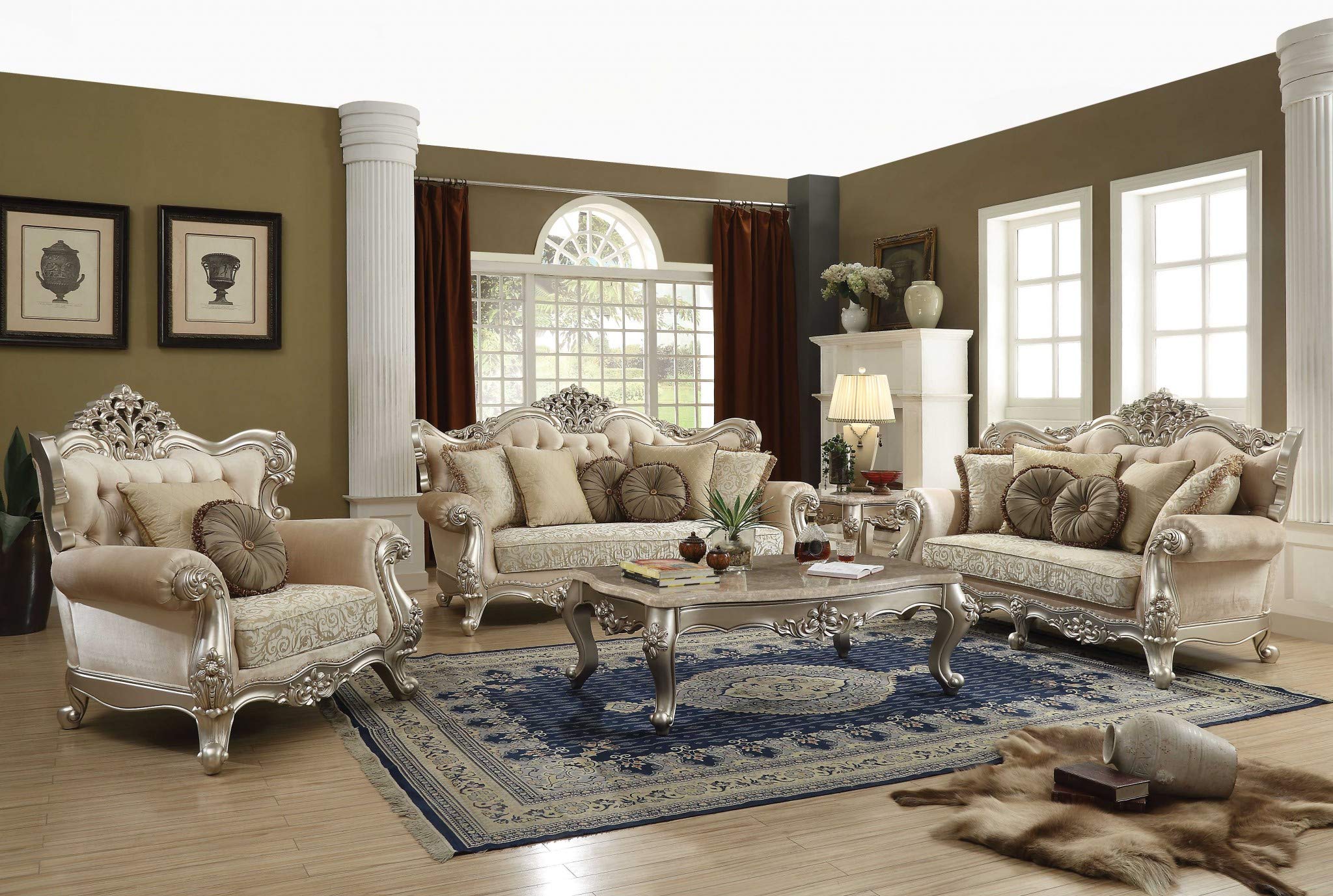 HomeRoots Upholstery, Wood Leg/Trim 41' X 72' X 49' Fabric Champagne Upholstery Wood Leg/Trim Loveseat w/5 Pillows