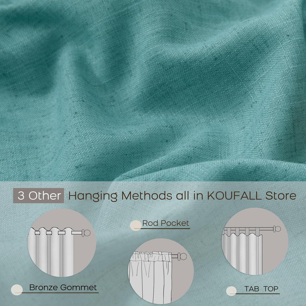 Koufall Teal Back Tab Rod Pocket Linen Sheer Curtains For Living Room 52X96 Inch Length