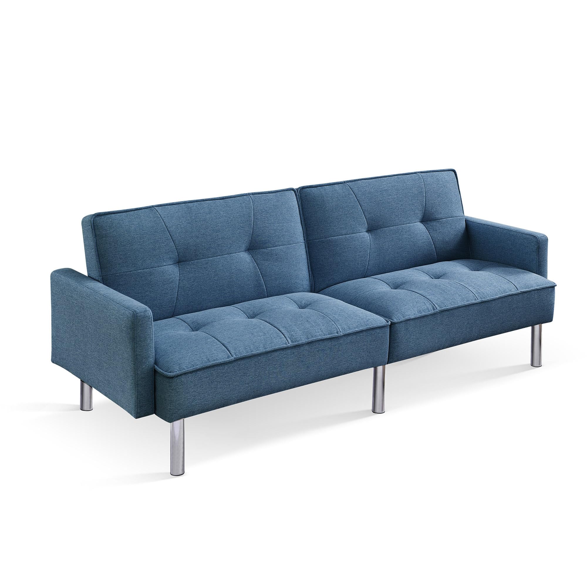 American Furniture Classics Blue Tufted Futon Convertible Sofa Sleeper with Two Throw Pillows Velvet, 85" x 35" x 35"