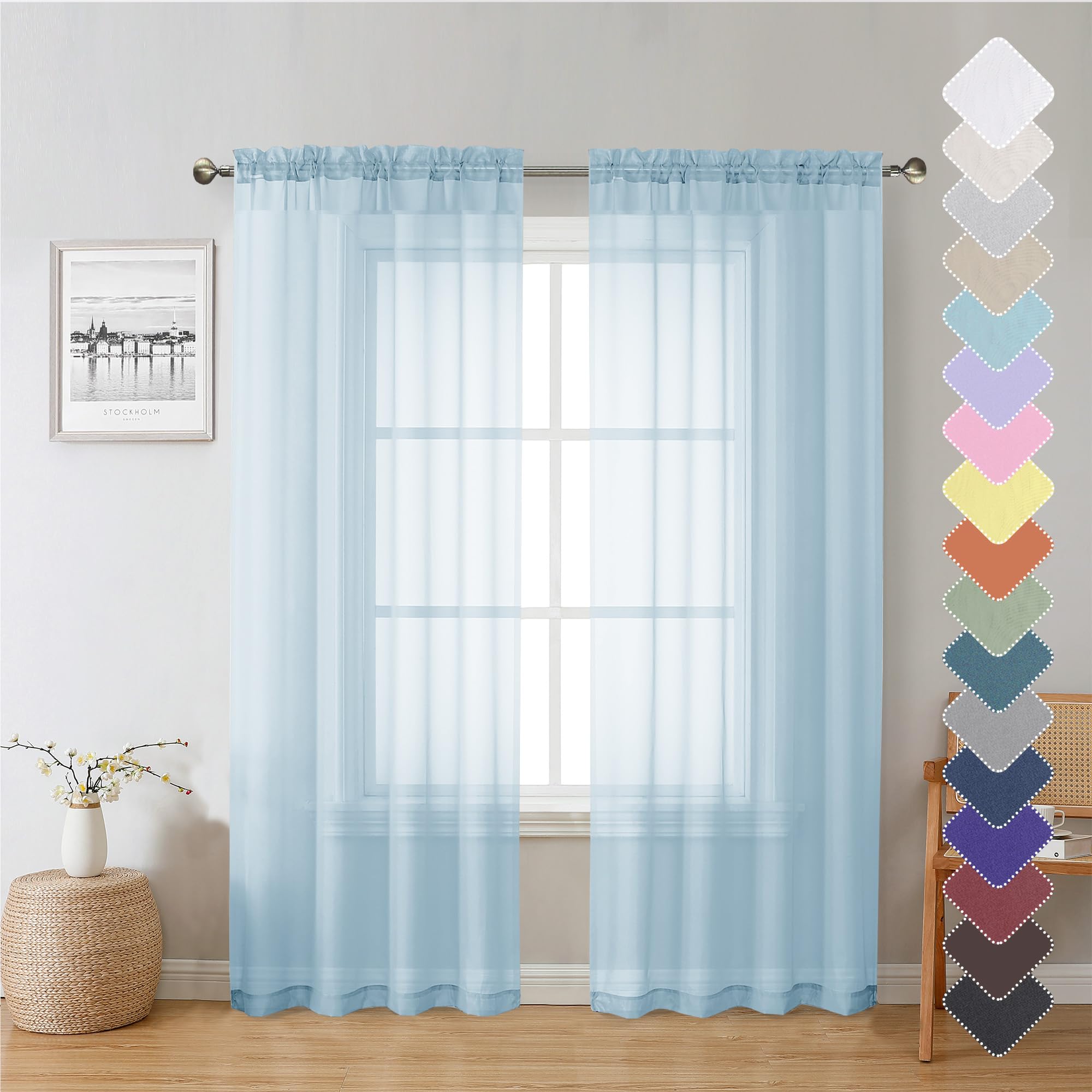 Lecloud Sky Blue Sheer Curtains 72 Inches Length 2 Panels, Lightweight Dual Rod Pockets Voile Living Room Bedroom Curtain & Pane