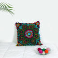 Black Embroidered Suzani Cushion Cover 16 X 16Decorative Pom Pom Pillow Case By HandicraftPalace