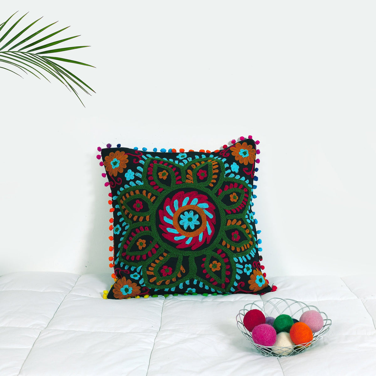 Black Embroidered Suzani Cushion Cover 16 X 16Decorative Pom Pom Pillow Case By HandicraftPalace