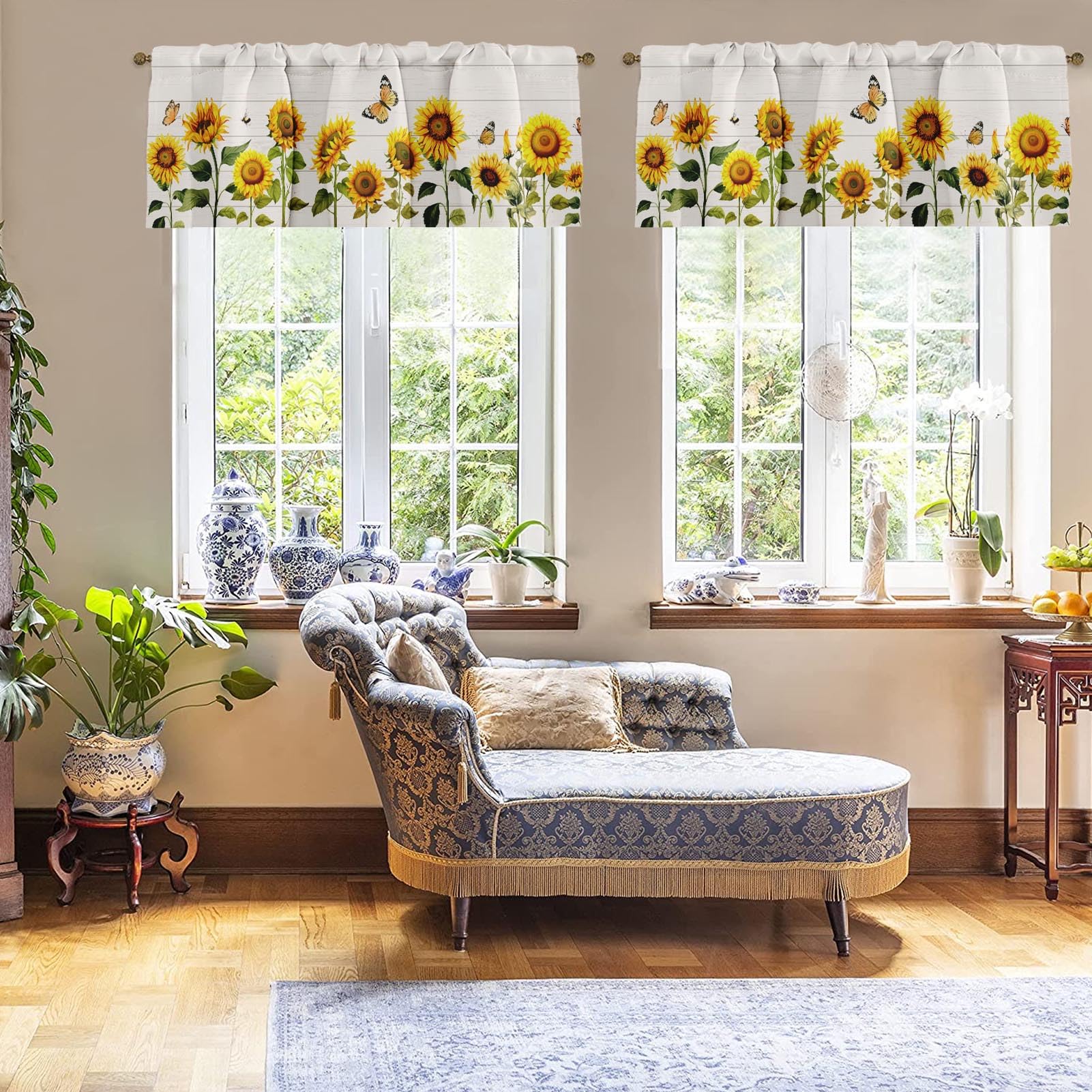 Emvency 2 Pack Valances Window Treatments Farmhouse Sunflower Spring Summer Butterfly Blackout Drapes Adjustable Curtain Valance
