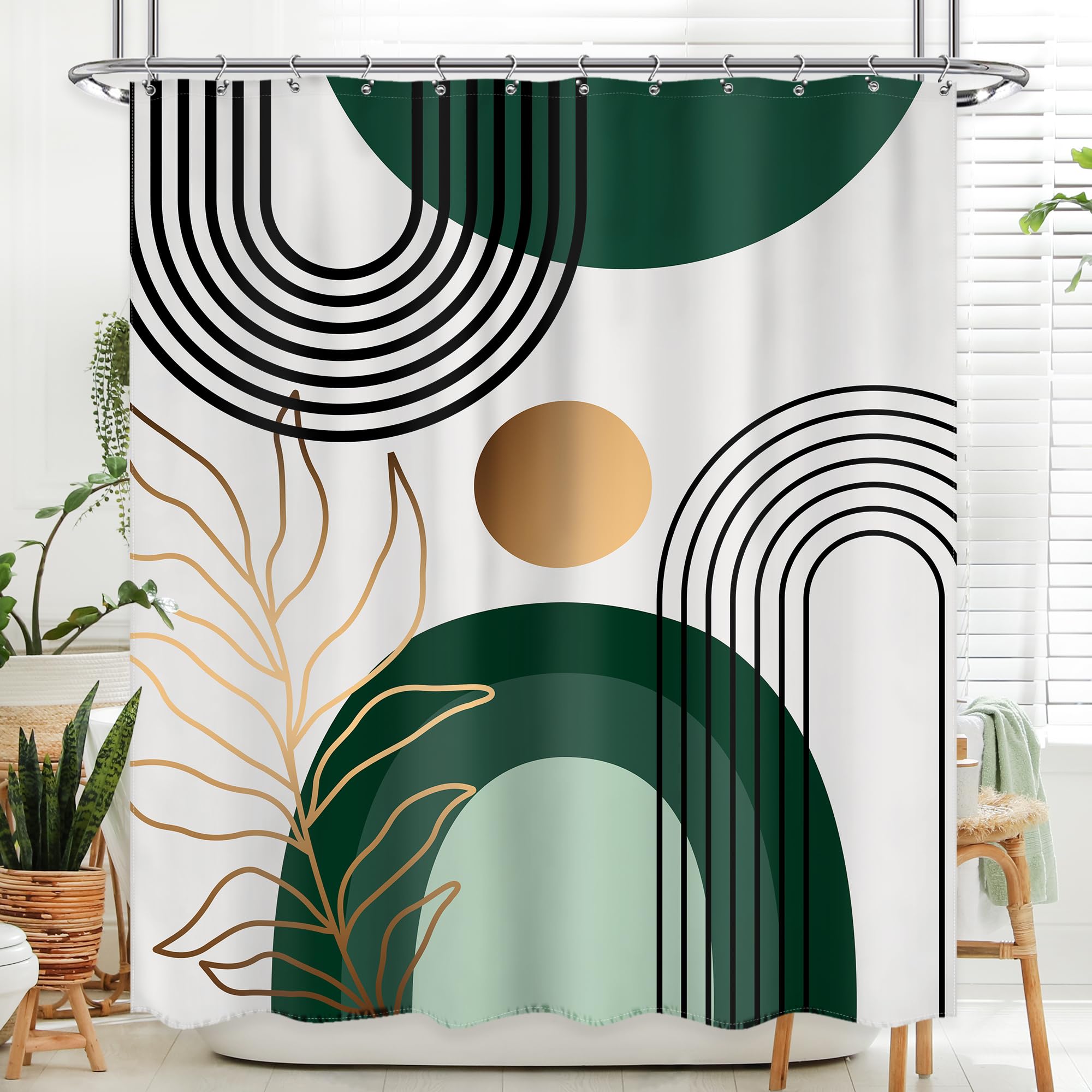 Ufeela Green Chic Mid Century Abstract Shower Curtain For Bathroom 60Wx72L Inch Modern Boho Arch Sun Geometric Gold Leaves Minim