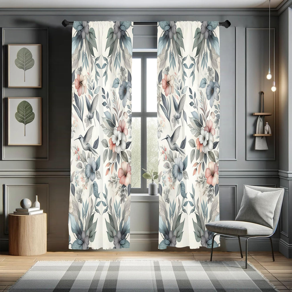 Ambesonne Birds and Nature Curtains, Muted Tone Leafy Floral Huddles with Hummingbirds Urban Jungle, Window Treatments 2 Panel S