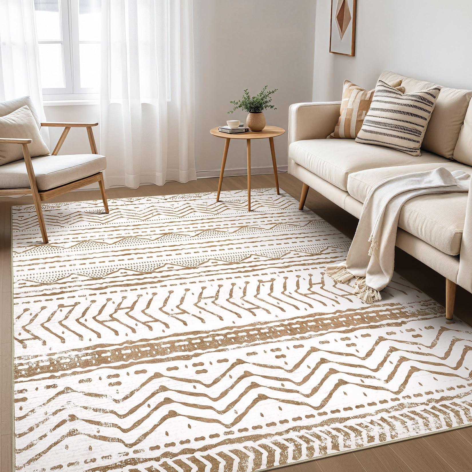 Nakagishi Area Rug Living Room Rugs: 5x7 Machine Washable Boho Large Neutral Farmhouse Stain Resistant Moroccan Indoor Carpet fo
