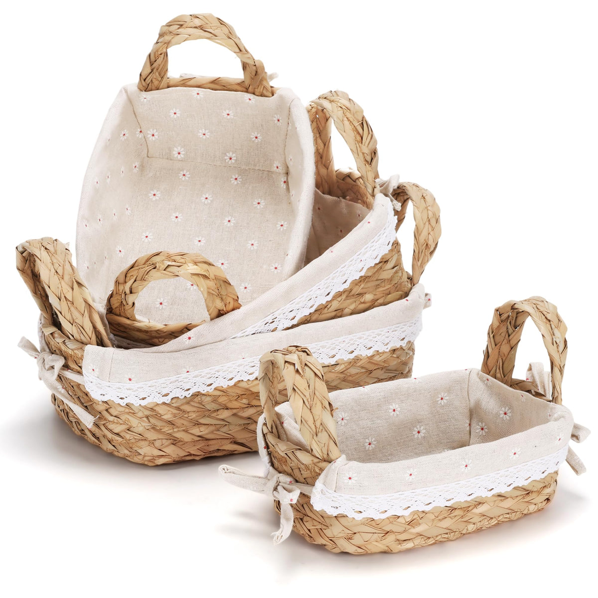 Fivebop Woven Storage Basket Set of 4, Multisize Boho Cattail Leaf Baskets with Handles & Liners, Decorative Baskets for Shelve