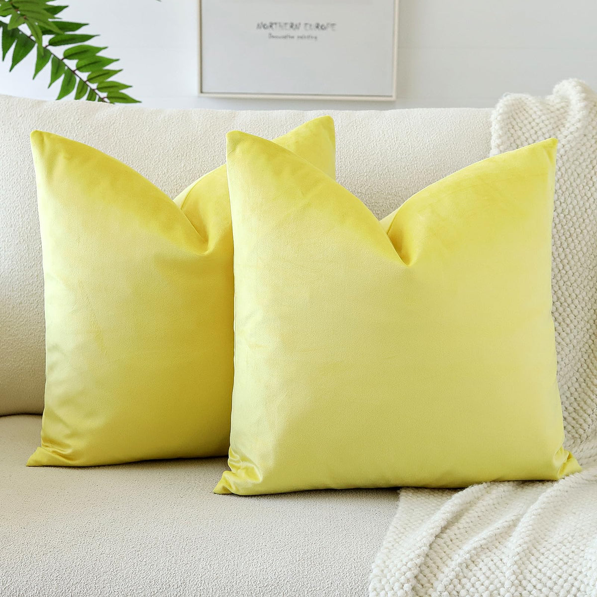 Otostar Decorative Throw Pillow Covers 16 X 16 Inch Soft Velvet Cushion Covers Solid Square Throw Pillow Cases For Couch Bed Home Sofa Car Decor Set Of 2 (Lemon Yellow)