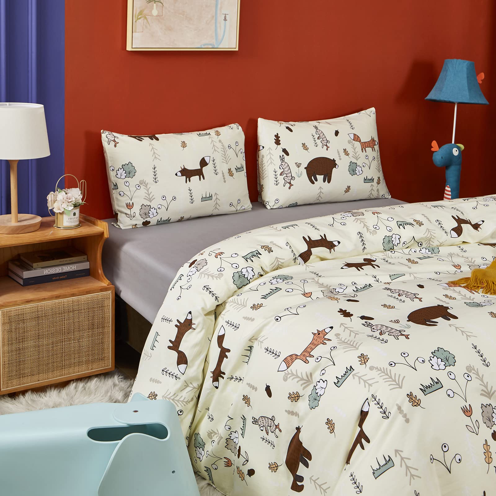 Clothknow Kids Comforter Sets Full Yellow Bear Comforter Full Boys Girls Bedding Cartoon Fox Bed Set Theme Woodland Forest Animal Bedding 3Pcs Bedding Comforter Sets Full