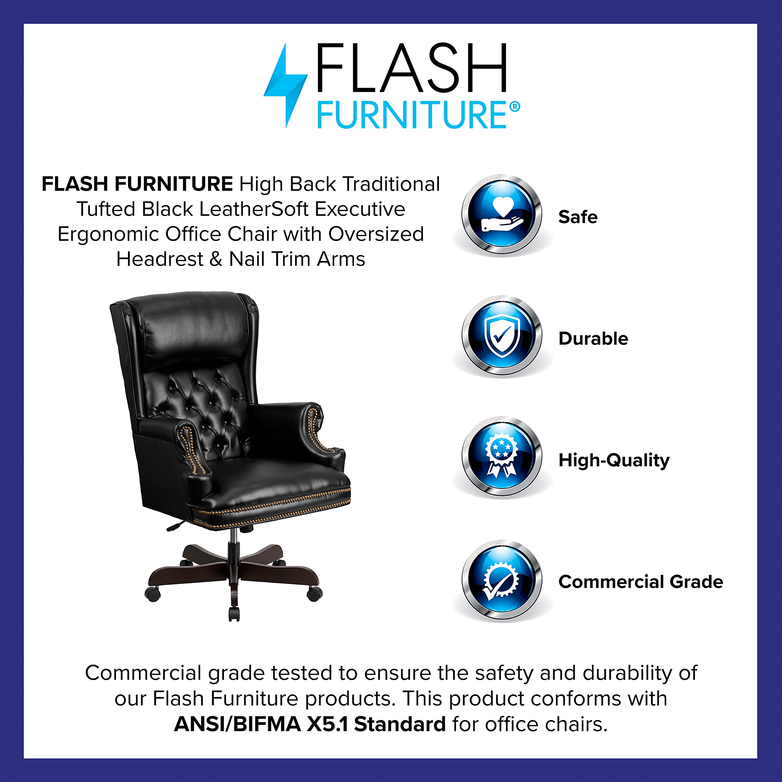 Flash Furniture High Back Traditional Tufted Black LeatherSoft Executive Ergonomic Office Chair with Oversized Headrest & Nail Trim Arms