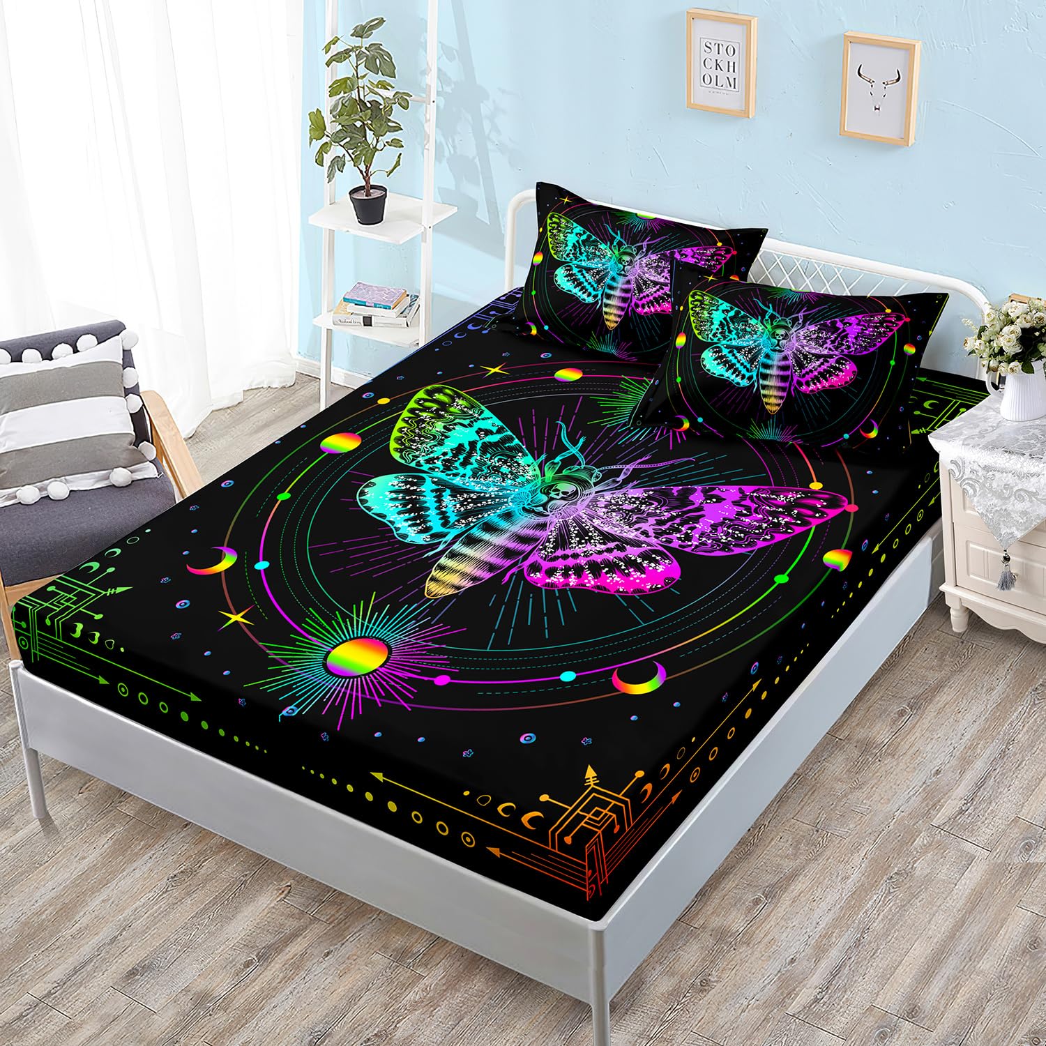 Hosima Butterfly Fitted Sheet Gothic Aesthetic Room Decor,Halloween Whimsigoth Bed Set Rainbow Stars Moon Boho Bedding Death Mot