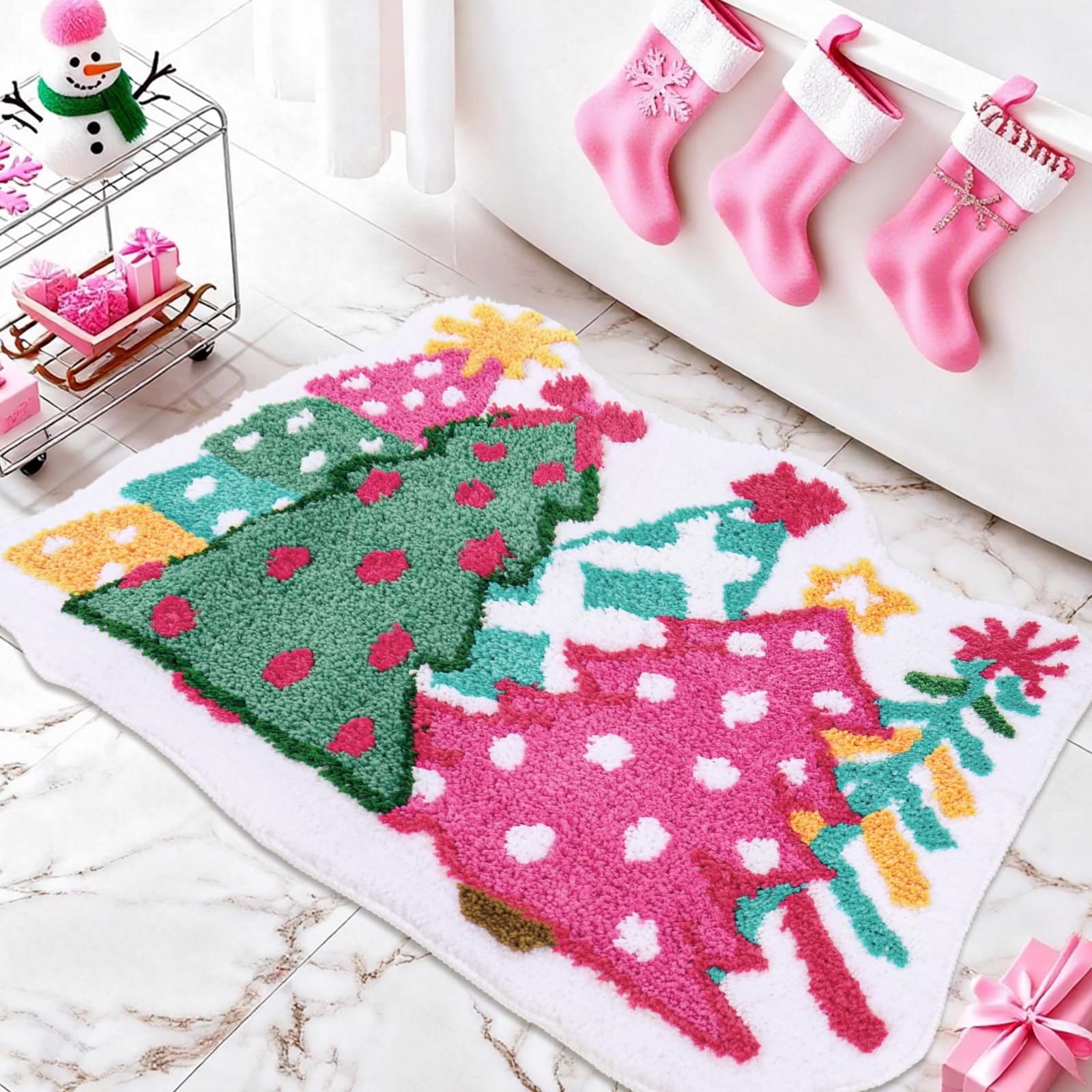 Whaline Christmas Rug Pink Green Christmas Tree Bath Mat Non Slip Doormat Xmas Winter Front Mat for Holiday Home Bathroom Decora