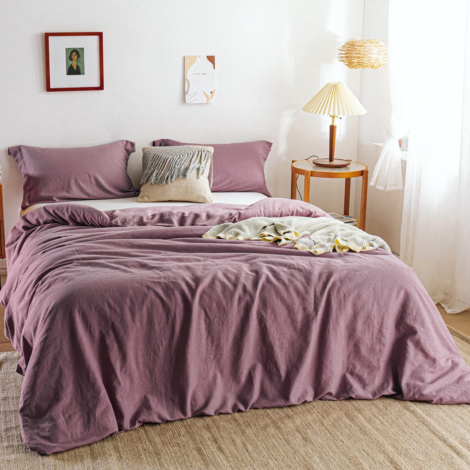 Simple&Opulence 100% Linen Duvet Cover Set 3Pcs Basic Style Natural French Washed Flax Solid Color Soft Breathable Farmhouse Bed