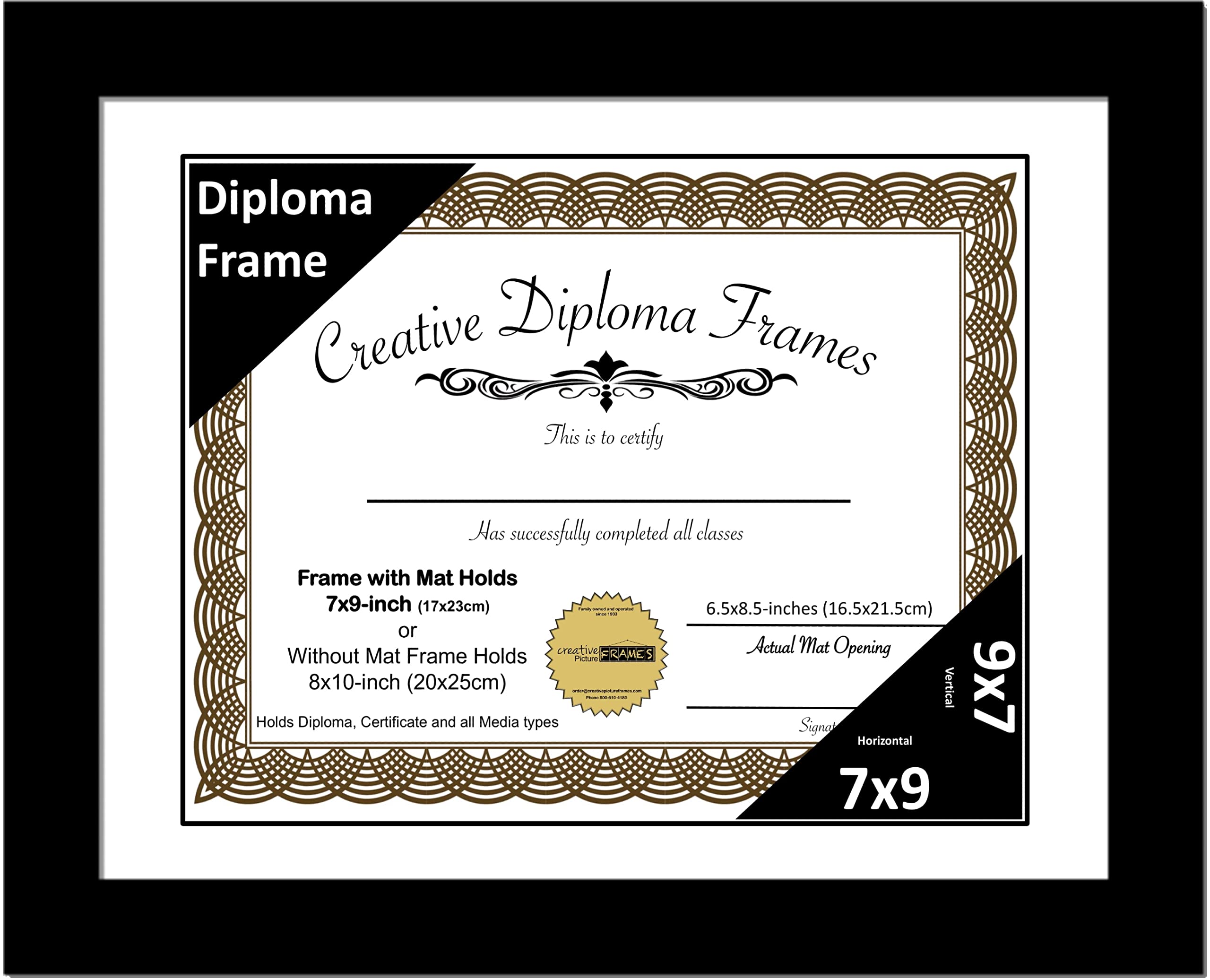 Creative Picture Frames 7x9 Classic Black Diploma Frame with White Mat Glass Easel and Installed Wall Hangers | Frame Holds 8x10