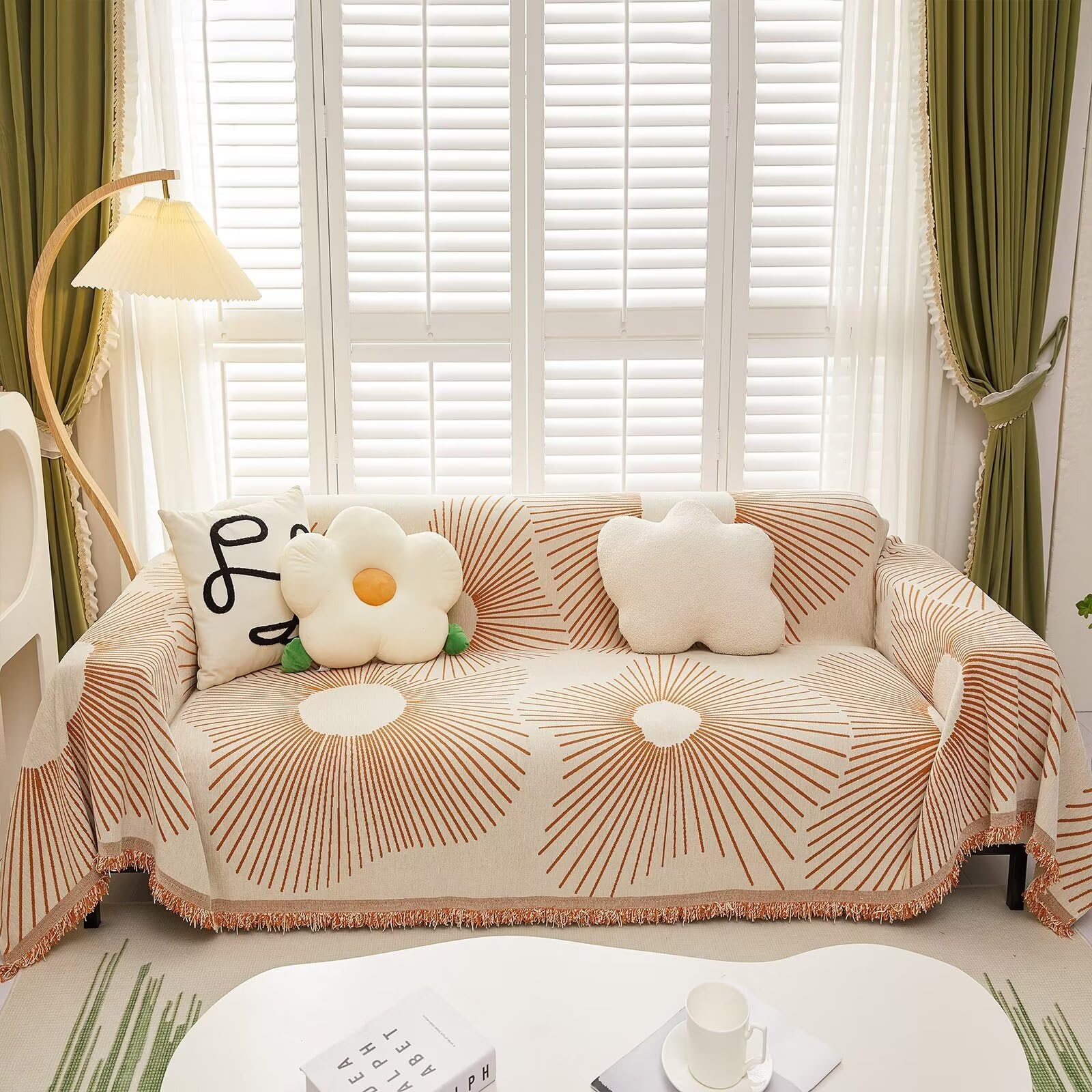 Vclife Simple Chenille Couch Cover Breathable Pet-Friendly Sofa Slipcover Futon Protector, Modern Beige Caramel Stripe Jacquard