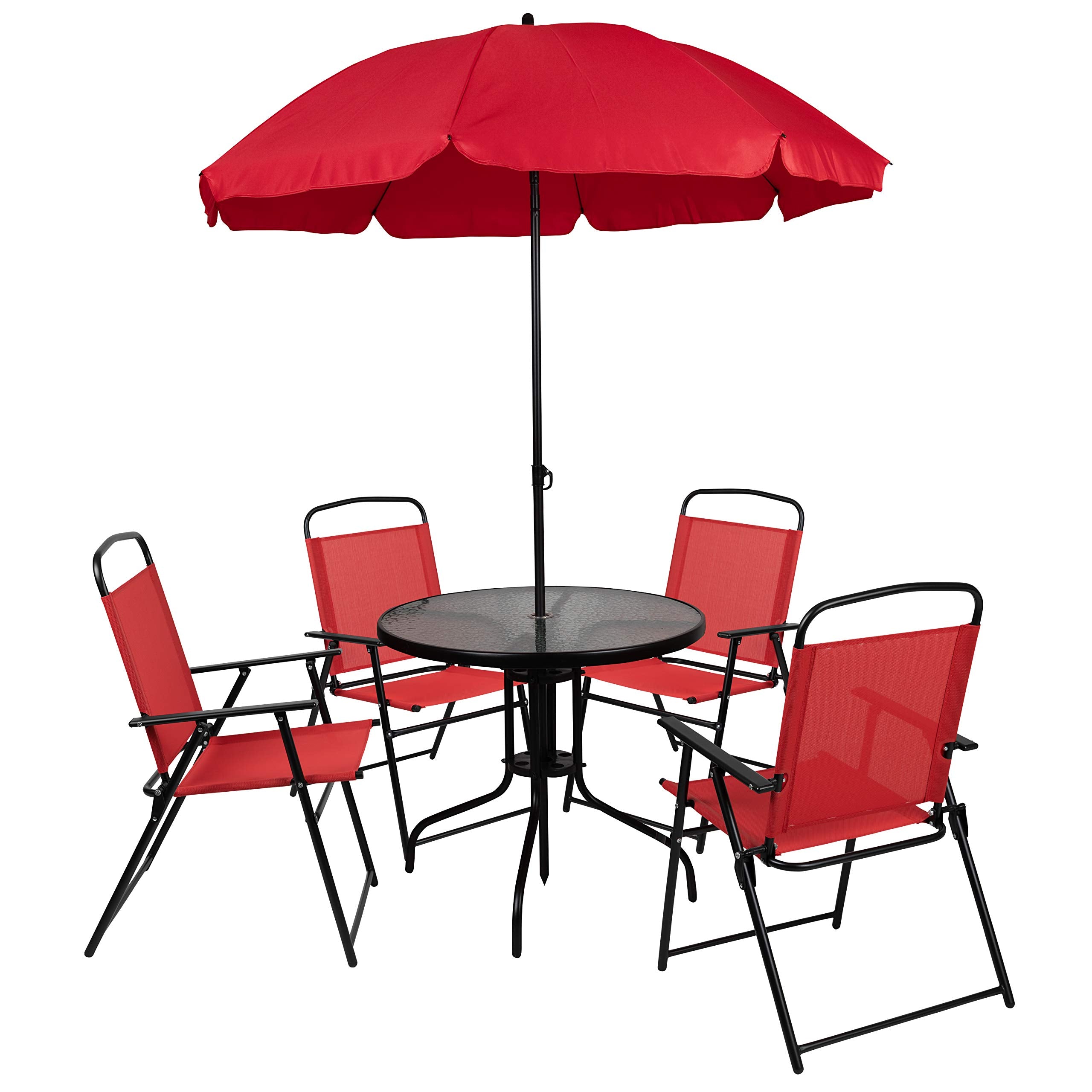 Flash Furniture Nantucket 6 Piece Red Patio Garden Set with Table, Umbrella and 4 Folding Chairs