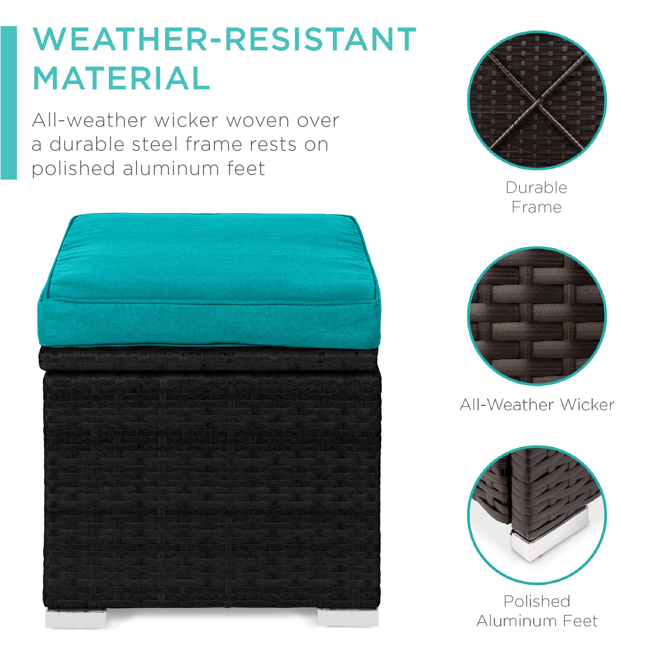 Best Choice Products Set Of 2 Wicker Ottomans, Multipurpose Outdoor Furniture For Patio, Backyard, Additional Seating, Footrest, Side Table W/Storage, Removable Cushions - Black/Teal