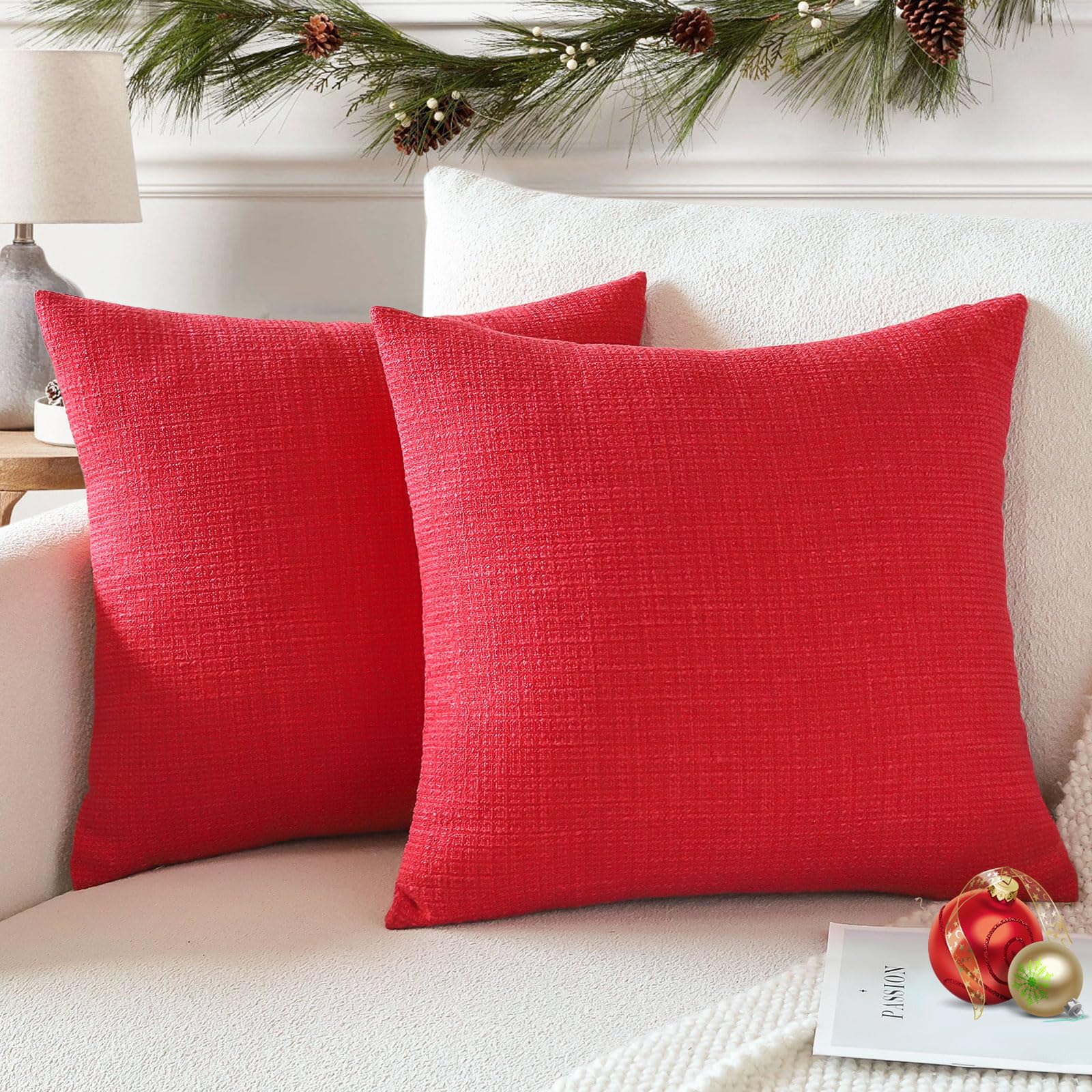 Otostar Linen Throw Pillow Covers Set Of 2 Decorative Square Pillowcases Cushion Covers 18X18 Inch For Home Decor Sofa Bedroom Car 45 X 45 Cm Christmas Red