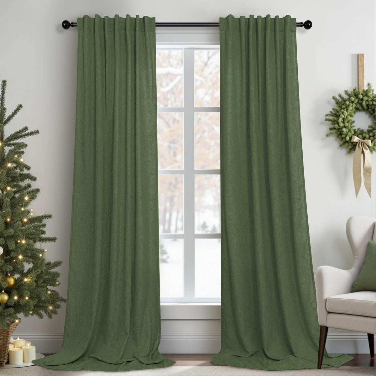 Pitalk Olive Green Curtains 96 Inches 8 Ft Long For Living Room 2 Panels Back Tab Pocket Drape Thick Sheer Linen Cotton Modern R