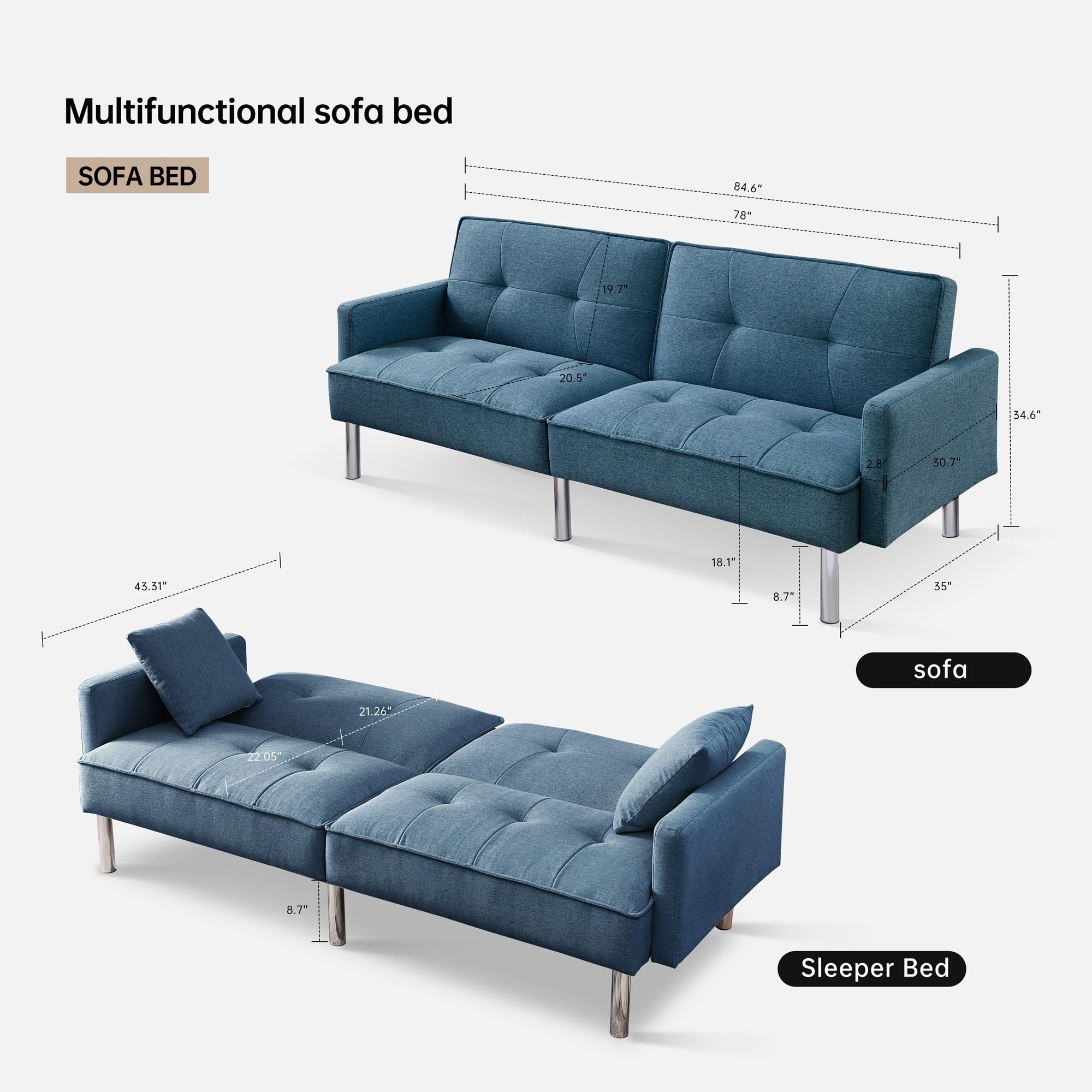 American Furniture Classics Blue Tufted Futon Convertible Sofa Sleeper with Two Throw Pillows Velvet, 85&quot; x 35&quot; x 35&quot;