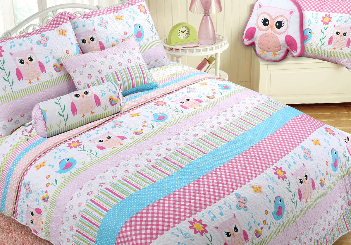 Cozy Line Home Fashions Happy Owl Twin - 6 Piece Pink Reversible Quilt Bedding Set, Coverlet, Bedspreads For Girls (1 Quilt + 1