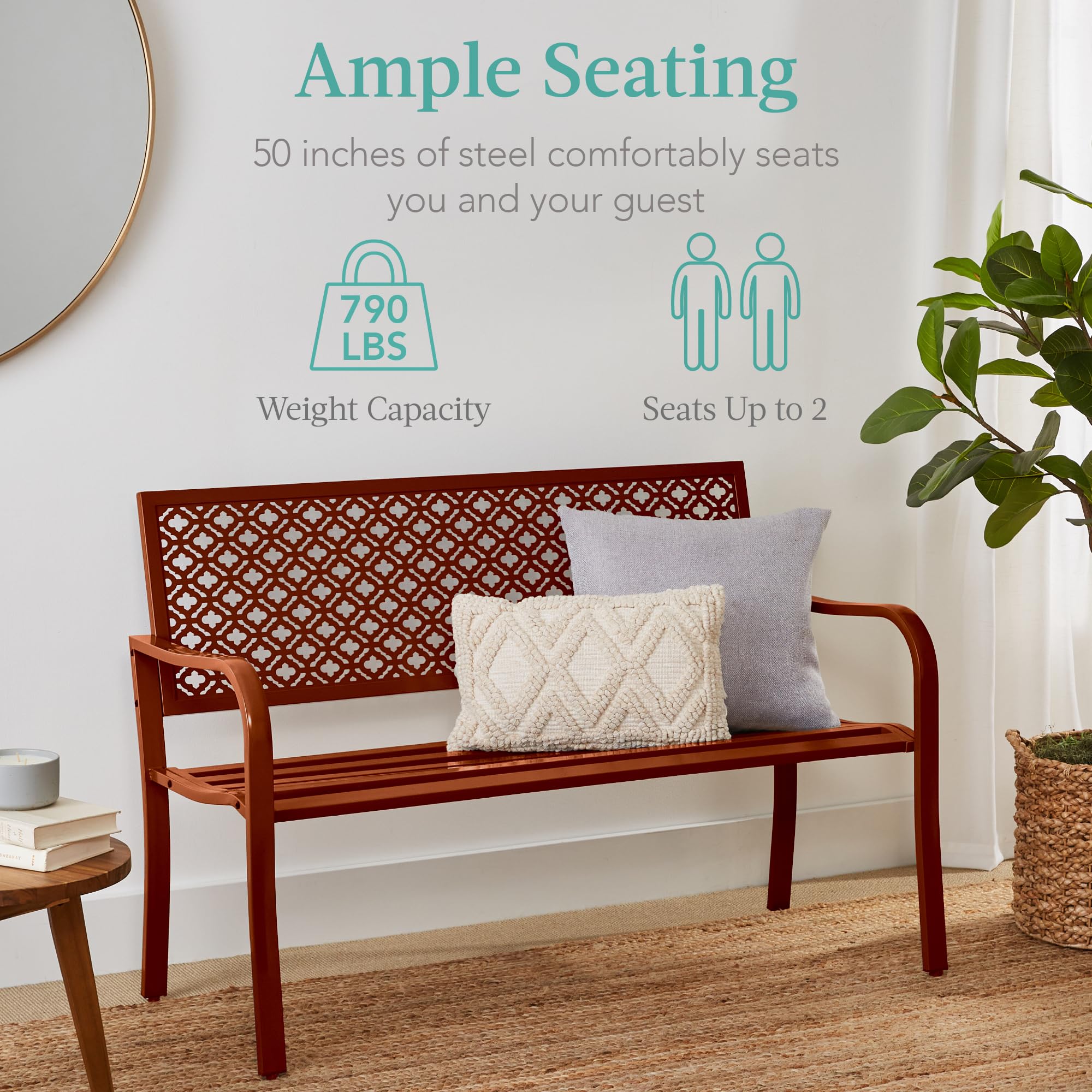 Best Choice Products Outdoor Bench 2-Person Metal Steel Benches Furniture For Garden, Patio, Porch, Entryway W/Geometric Backrest, 790Lb Capacity - Rust