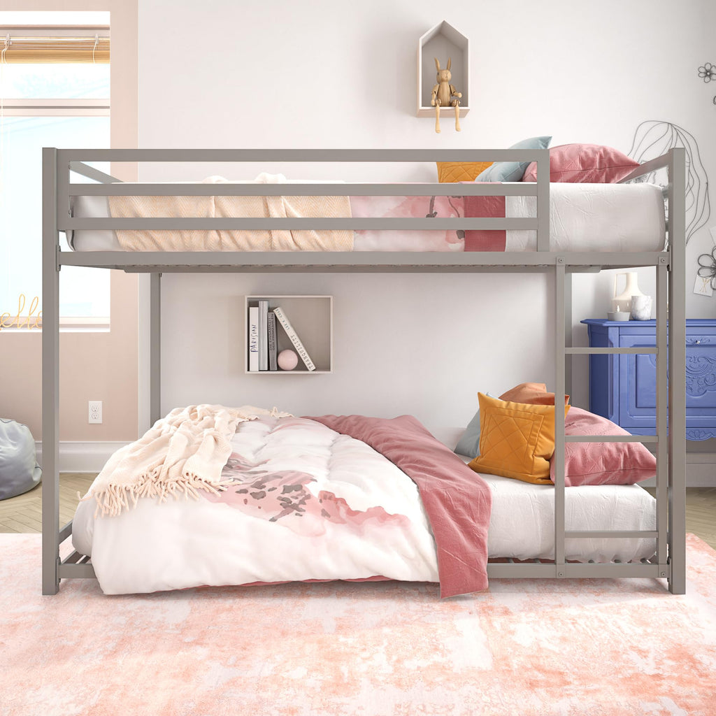 Dhp Miles Low Metal Bunk Bed Frame For Kids, With Built-In Ladder, High Guardrail And Metal Slats, Floor Bed Bottom Bunk, No Boxspring Required, For Small Spaces, Full-Over-Full, Silver