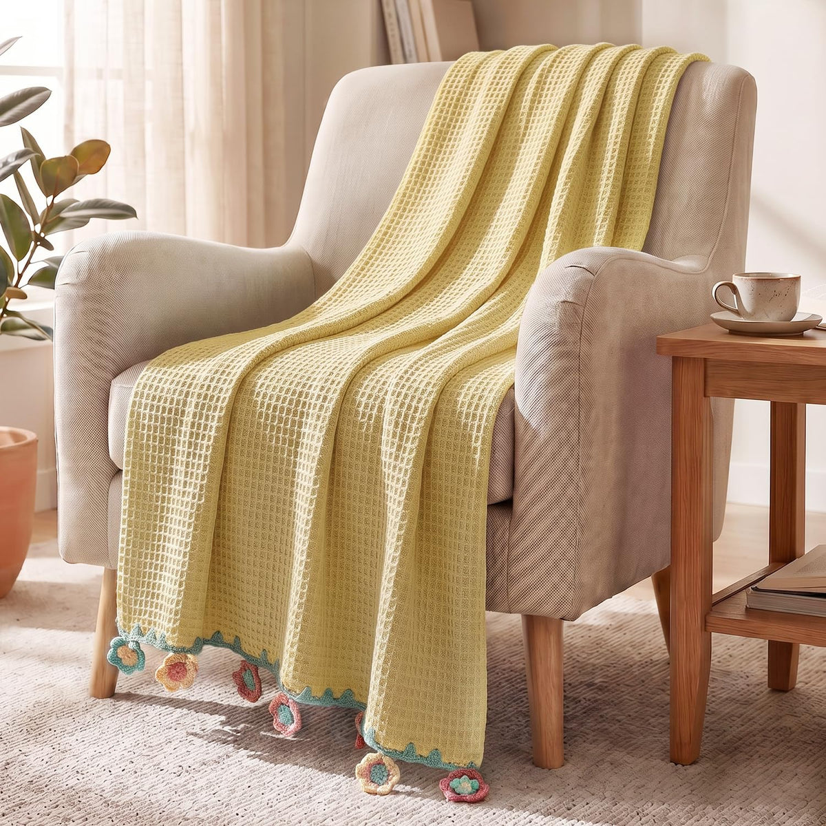 HOKIPO Yellow All Season Cotton Sofa Throw 50x60 Inches, Soft Decorative Living Room Sofa Throw Blanket with Handmade Crochet Fl