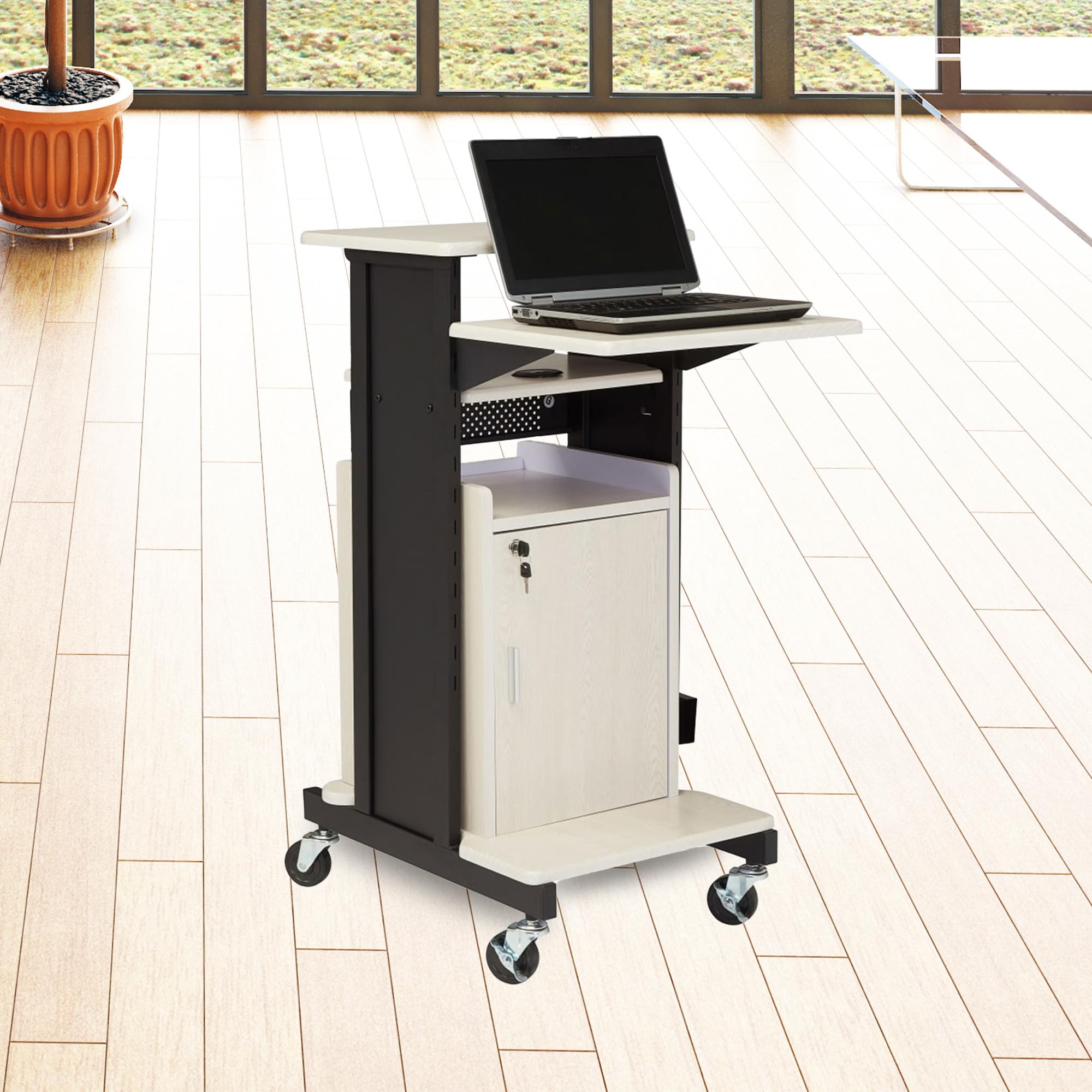 Oklahoma Sound Premium Plus Steel Wheeled Av Presentation Cart With Storage Cabinet, Wire Management Grommets, And 6 Outlet Power Strip, Ivory/Black
