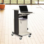 Oklahoma Sound Premium Plus Steel Wheeled Av Presentation Cart With Storage Cabinet, Wire Management Grommets, And 6 Outlet Power Strip, Ivory/Black