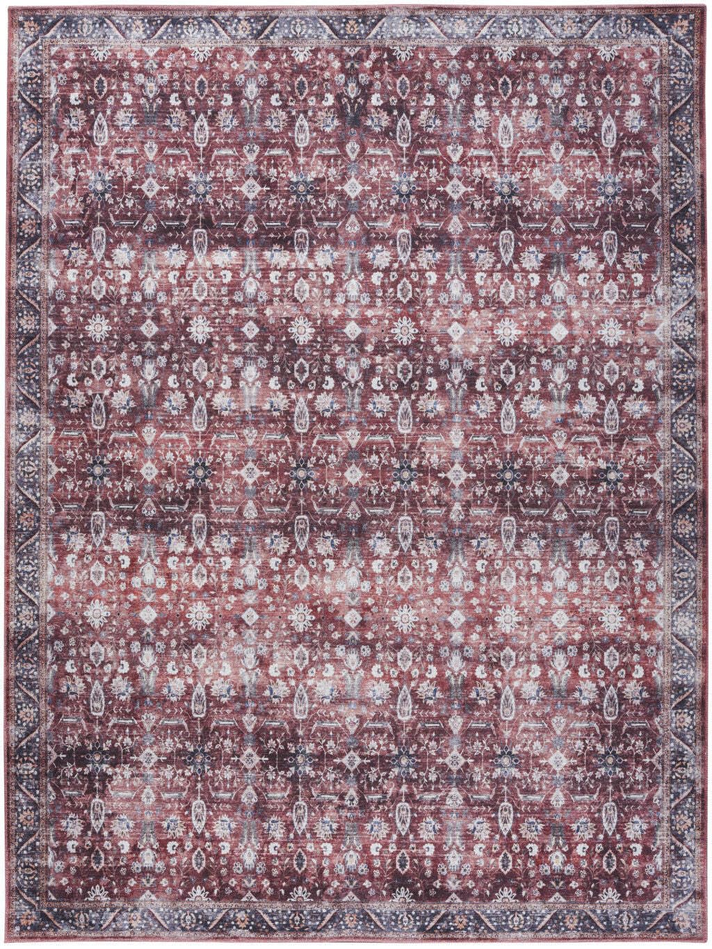 HomeRoots 533333 8 x 10 ft. Oriental Power Loom Distressed Washable Non Skid Area Rug Red & Ivory