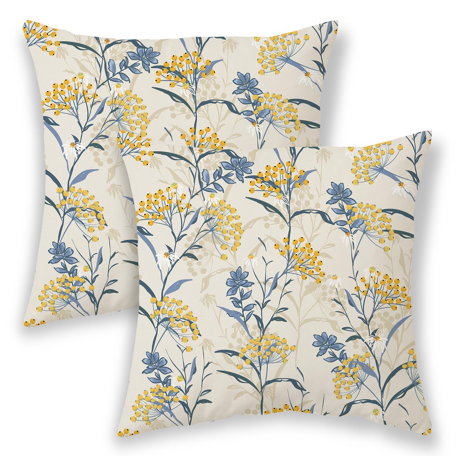 Betginy Spring Pillow Covers 20X20 Inch 2 Pcs, Watercolor Blue And Yellow Flower Decorative Throw Pillows,Vintage Plant Floral S