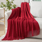 Miulee Christmas Burgundy Red Knitted Throw Blanket For Couch Textured Knit Blanket With Tassels Cozy Woven Boho Bed Blanket For Sofa Bed Chair Acrylic Wave Pattern Decor 60'X80'