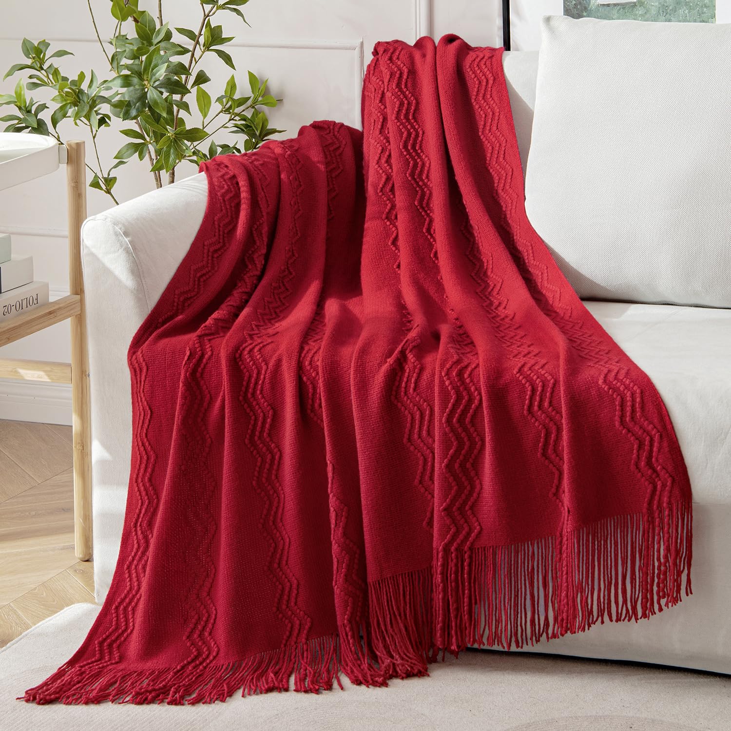 Miulee Christmas Burgundy Red Knitted Throw Blanket For Couch Textured Knit Blanket With Tassels Cozy Woven Boho Bed Blanket For Sofa Bed Chair Acrylic Wave Pattern Decor 60'X80'