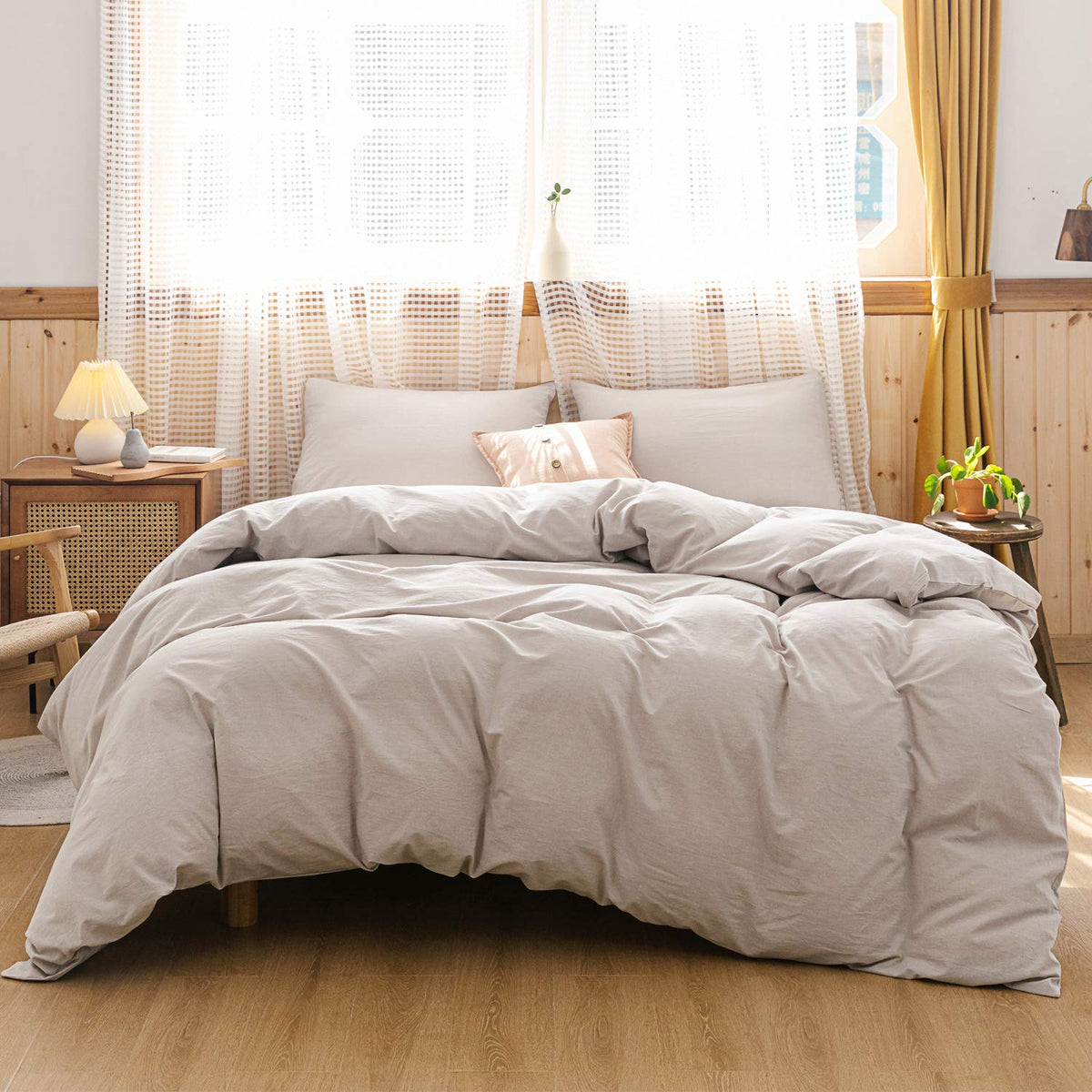 Ecocott Beige Duvet Cover Super Queen Size, 100% Washed Cotton 1 Duvet Cover With Zipper And 2 Pillowcases, Ultra Soft And Easy