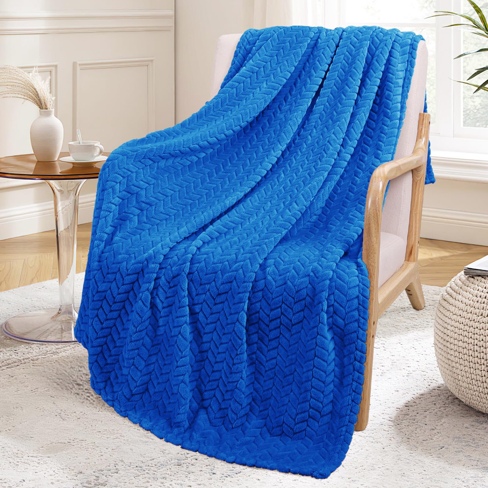 Exclusivo Mezcla Cobalt Blue Fleece Throw Blanket For Couch And Bed, 50X70 Inches Soft Cozy 3D Decorative Jacquard Flannel Blank