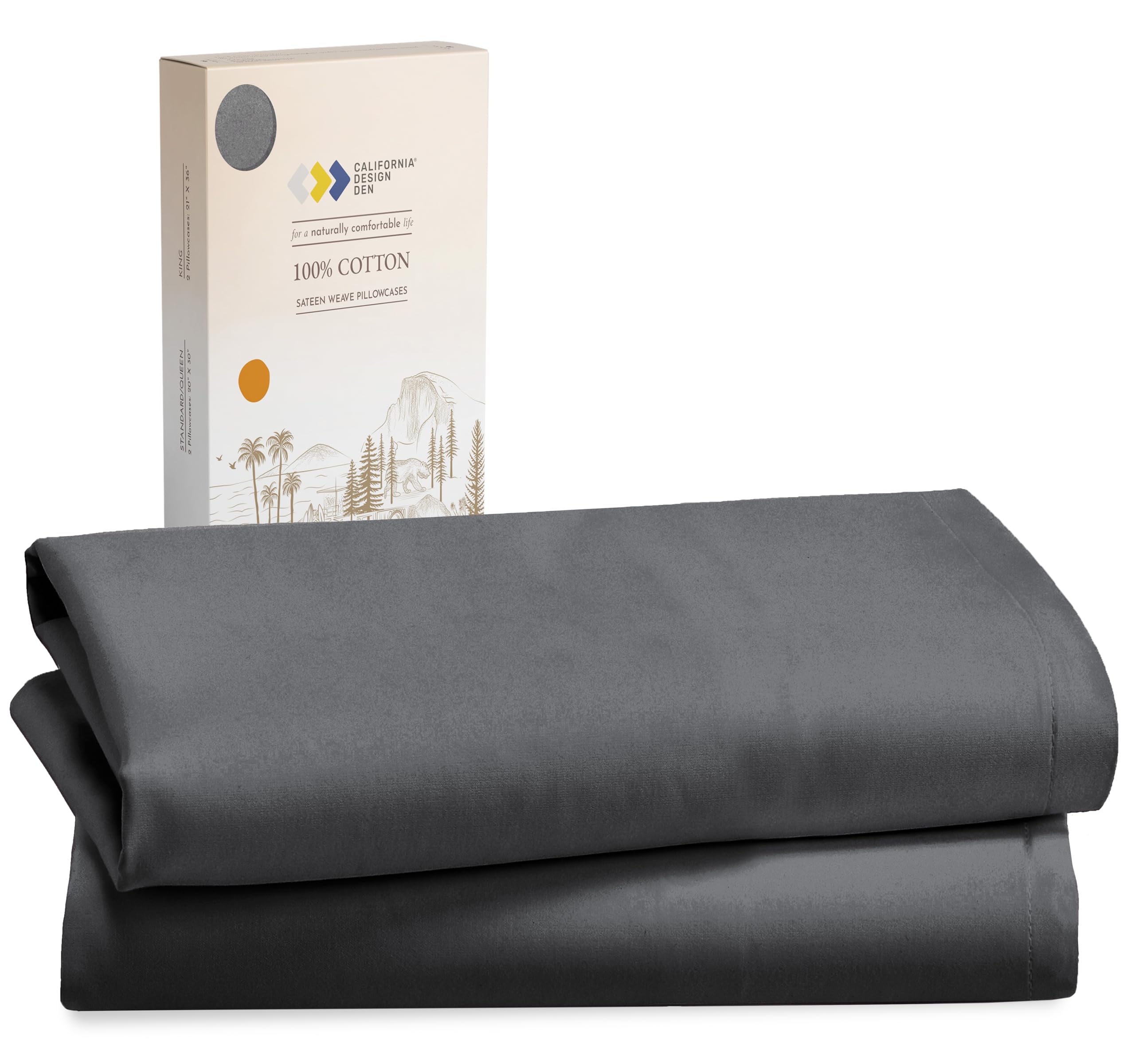 California Design Den 100% Cotton King Size Pillow Cases Set Of 2, Soft & Cooling Sateen Weave King Pillow Case (Grey)