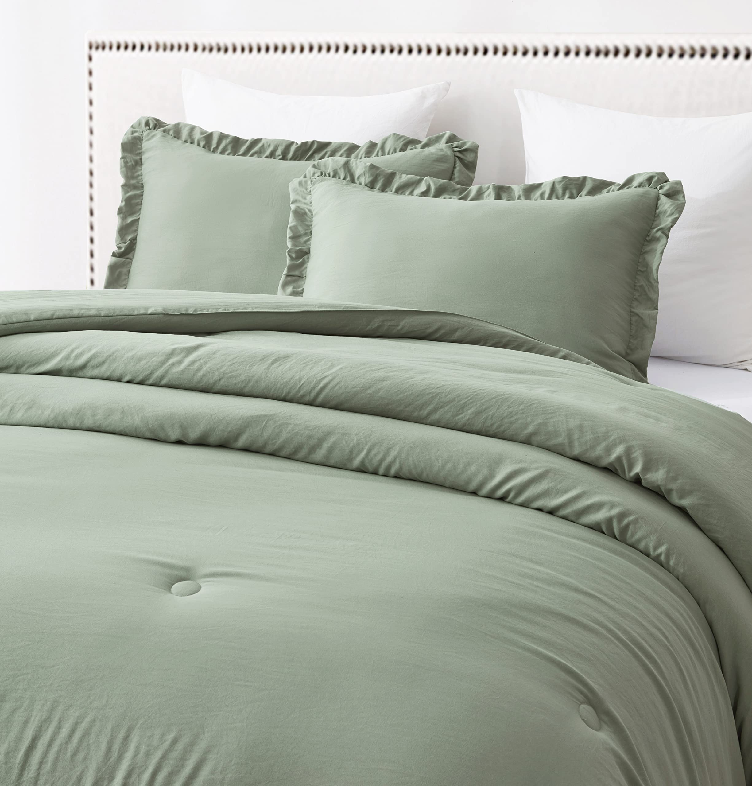 Chezmoi Collection Nora 3-Piece Ruffled Edge Trim Soft Washed Microfiber Comforter Set (King, Sage Green)