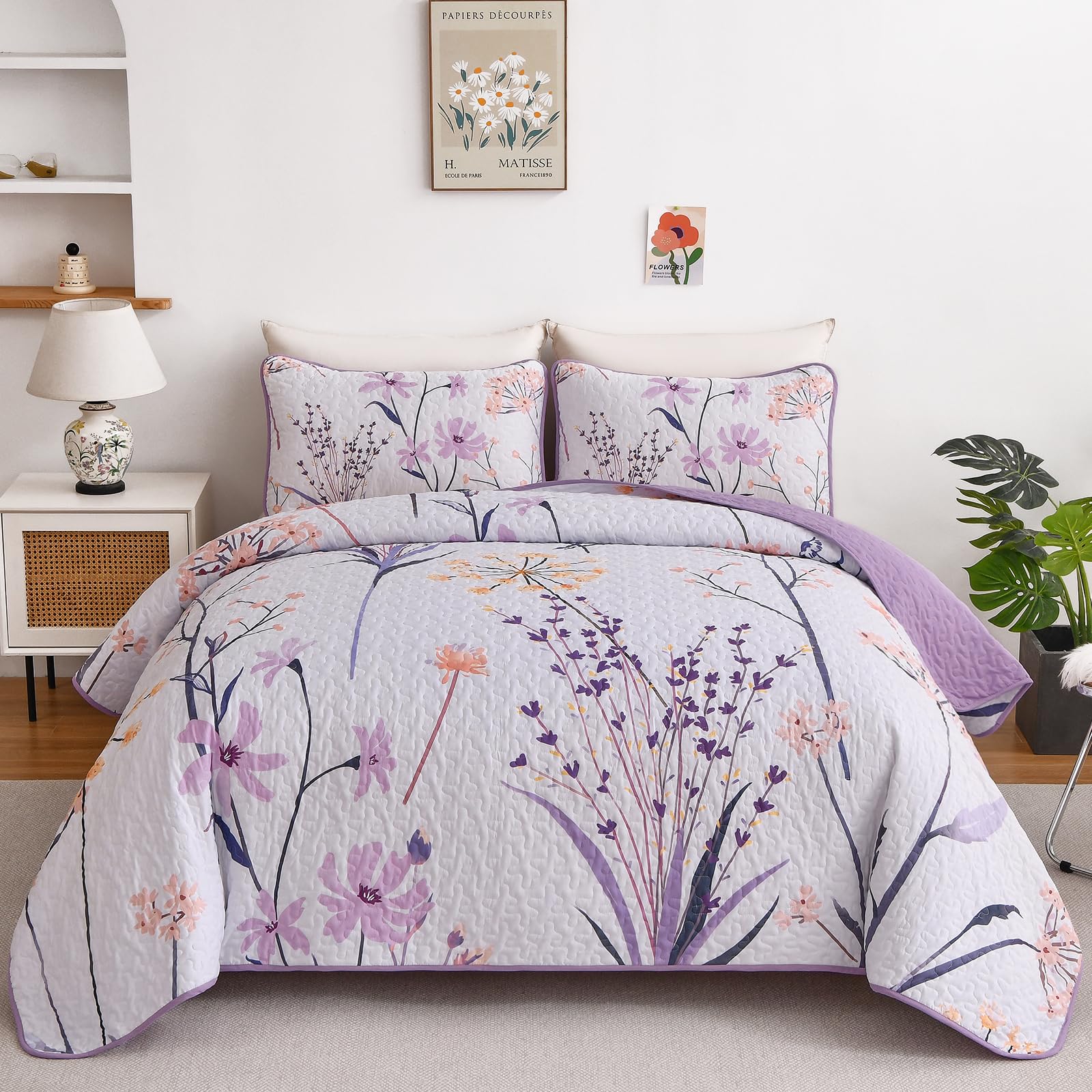 Dobuyly Floral Quilt King Size Set, Purple Botanical King Quilt Bedding Set 3 Pieces, Soft Lightweight Microfiber Bedspread Cove