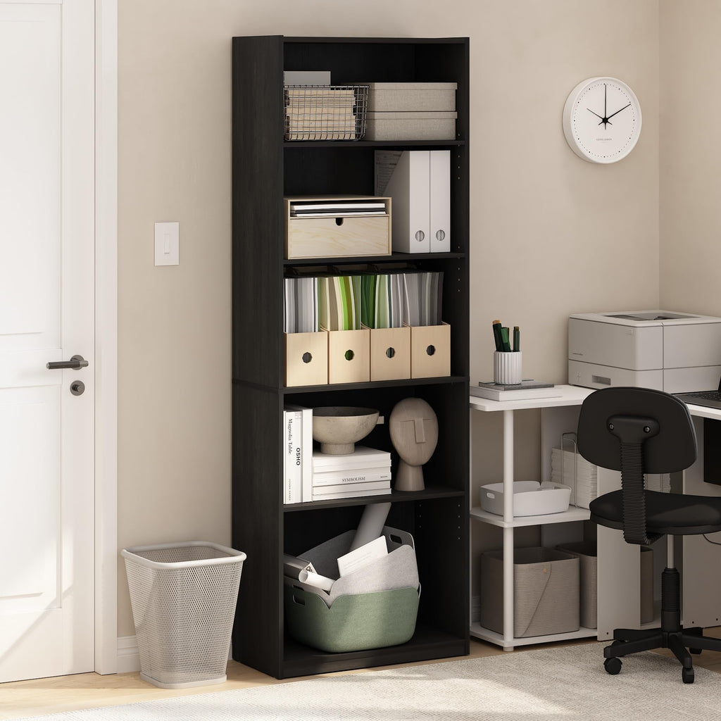 Furinno Gehry 5-Tier Bookcase, Bookshelf with Adjustable Shelves, Blackwood