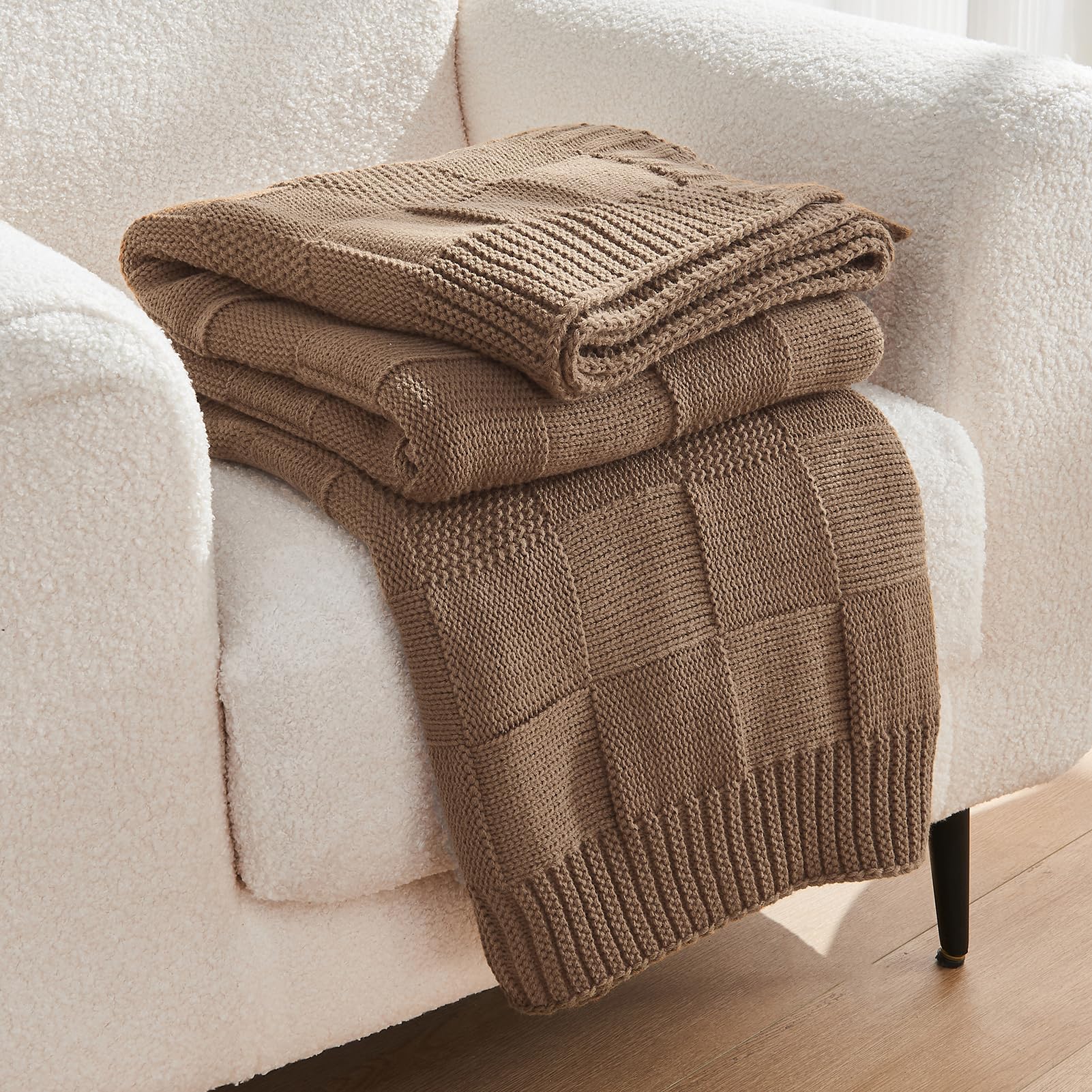 Cozecube Check Knit Throw Blanket, Light Brown Checkered Throw For Couch, Decorative Christmas Soft Cozy Warm Knitted Blanket Fo